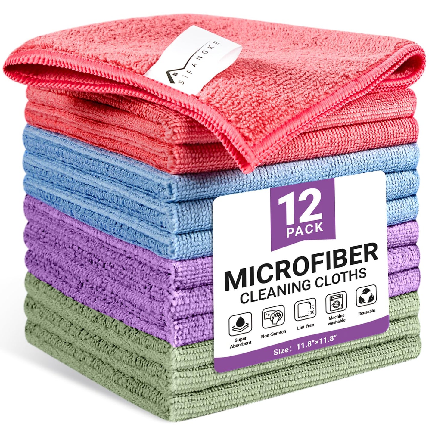 SIFANGKE Microfiber Cleaning Cloth, Lint-Free and Highly Absorbent Rags, Reusable Microfiber Towels for Car, Kitchen, Bathroom and Household Cleaning Supplies, 11.8"X11.8"
