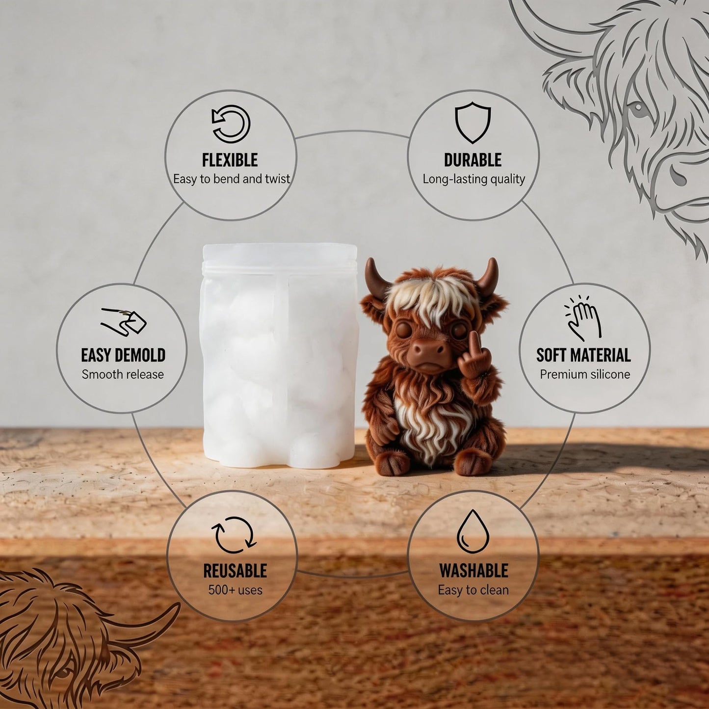 QUDYNZAL 1Pc 3D Highland Cow Resin Silicone Mold Funny Animal Epoxy Candle Mold for Resin Casting Candle Soap Making DIY Concrete Plaster Crafts Gag Gifts Quirky Desk Decor Easy Release