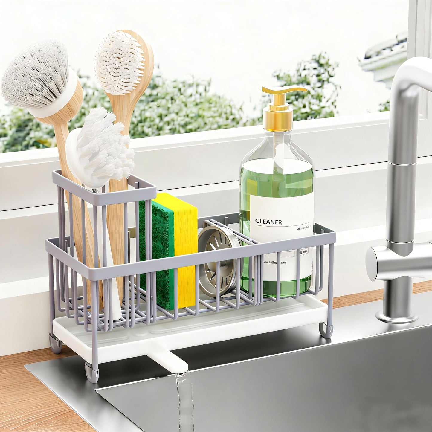 Cisily Sponge Holder for Kitchen Sink, Sink Caddy Organizer with High Brush Holder, Kitchen Countertop Organizers and Storage Essentials, Rustproof 304 Stainless Steel