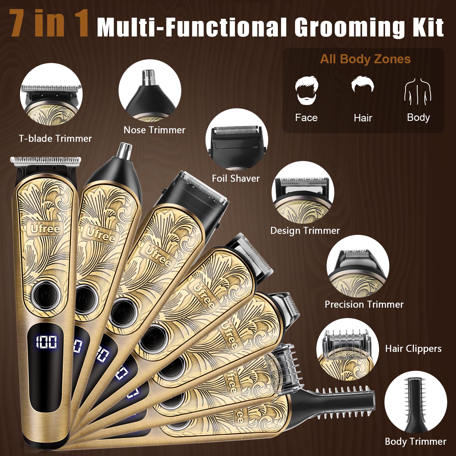 Ufree Waterproof Beard Trimmer - Professional Hair Clippers for Men, Electric Razor Shavers - Mustache, Body, Face, Nose, Beard Grooming Kit - Gifts