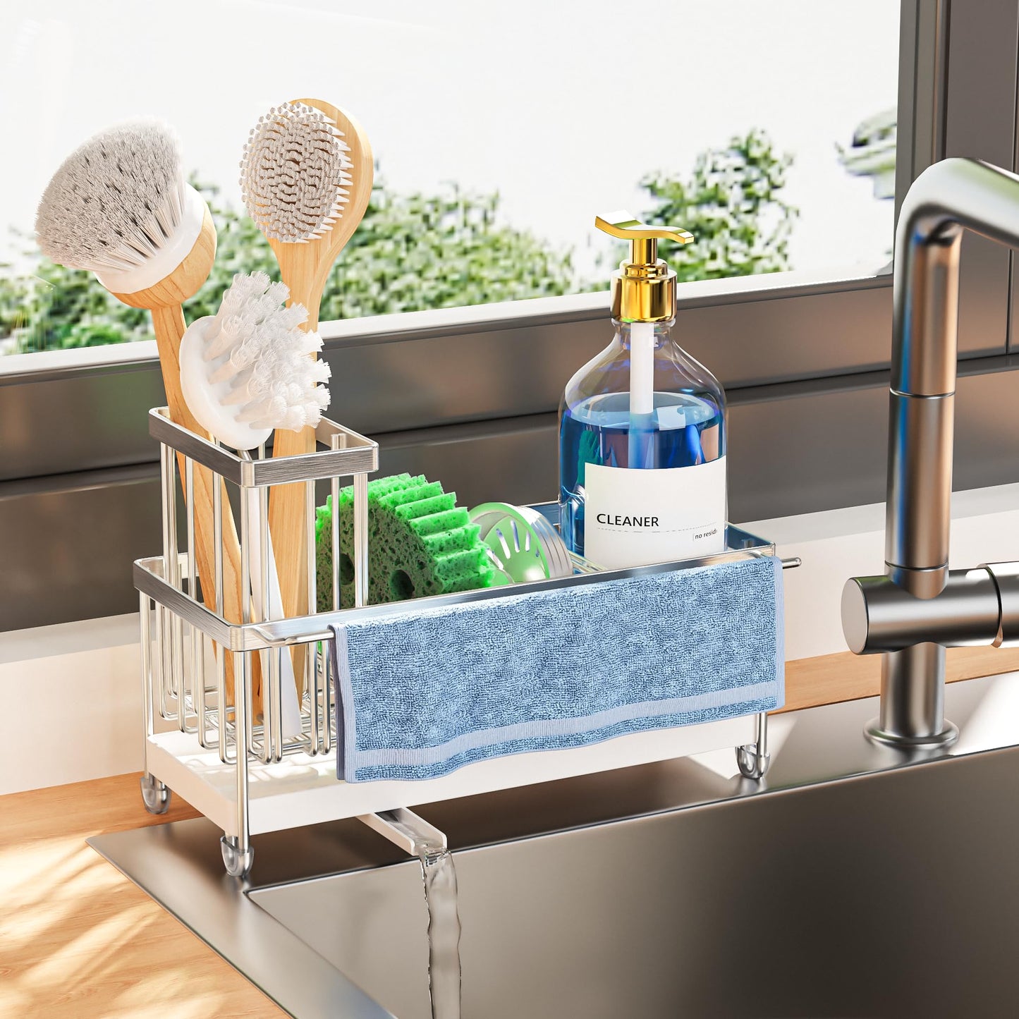 Cisily Sponge Holder for Kitchen Sink, Sink Caddy Organizer with High Brush Holder, Kitchen Countertop Organizers and Storage Essentials, Rustproof 304 Stainless Steel