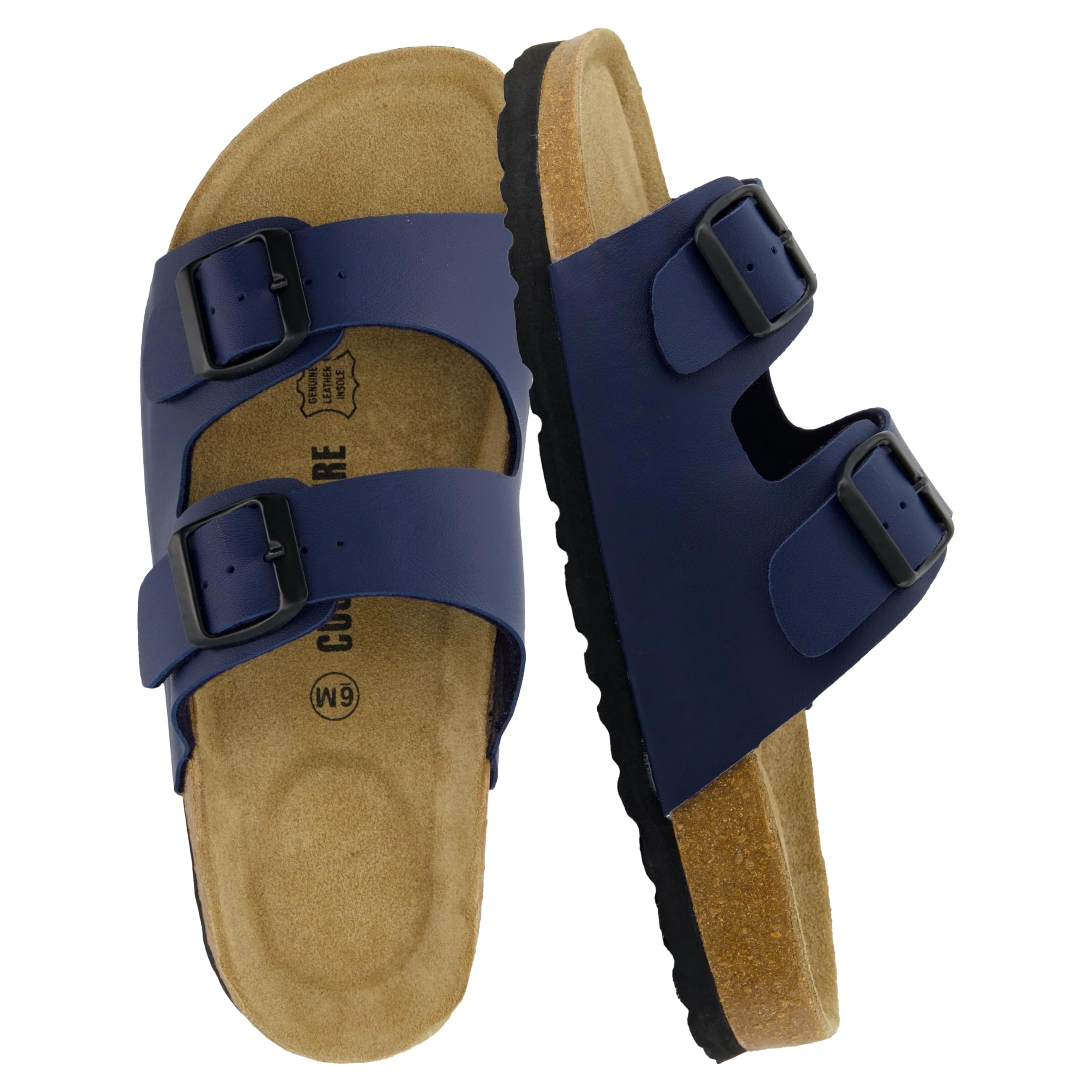 CUSHIONAIRE Lane Cork Footbed Sandals for Women – Comfortable Double Buckle Slip-On with Genuine Suede Footbed & Arch Support Slides for Women Footwear