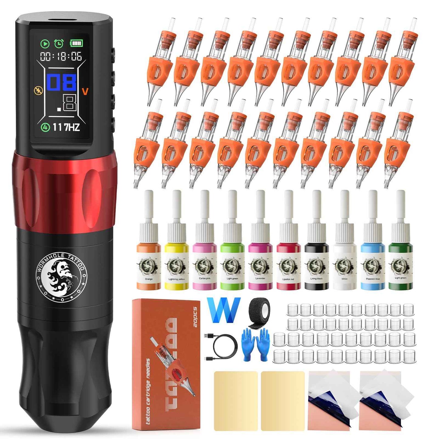 Tattoo Kit, Wormhole Tattoo Gun Kit Tattoo Pen Kit Cartridge Tattoo Machine Kit for Beginners Rotary Tattoo Machine Pen Kit Tattoo Pen Type Machine Kit Professional Complete Tattoo Kit Tattoo Supplies