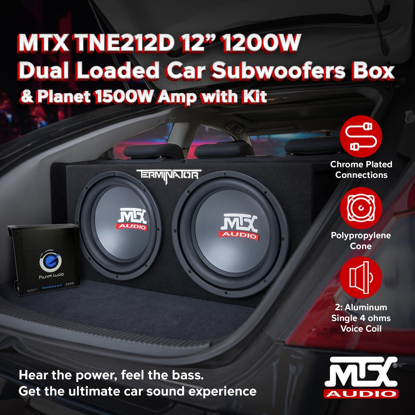 MTX 12-Inch Dual Subwoofer with Amp & Wiring Kit - Car Sound System Bundle with 1200W Peak Loaded Enclosure, Planet Audio Peak 1500W Monoblock Amplifier, and Soundstorm 8 Gauge Wiring Set