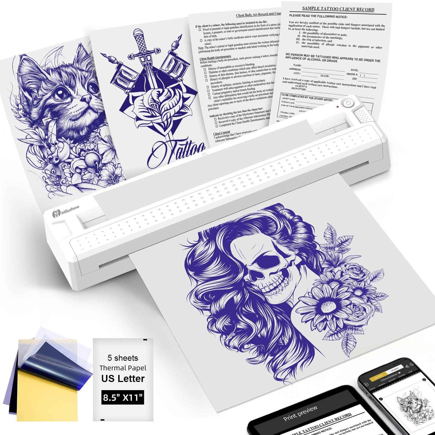 Milestone Tattoo Stencil Printer, Wireless Portable Thermal Tattoo Transfer Printer Machine Kit for Tattooing