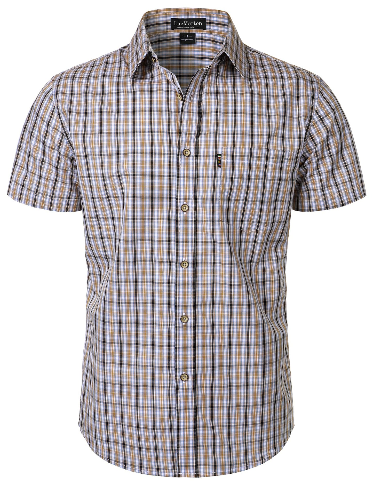 LucMatton Men's Gingham Short Sleeve Button Down Shirt Cotton Regular Fit Plaid Dress Shirts with Pocket