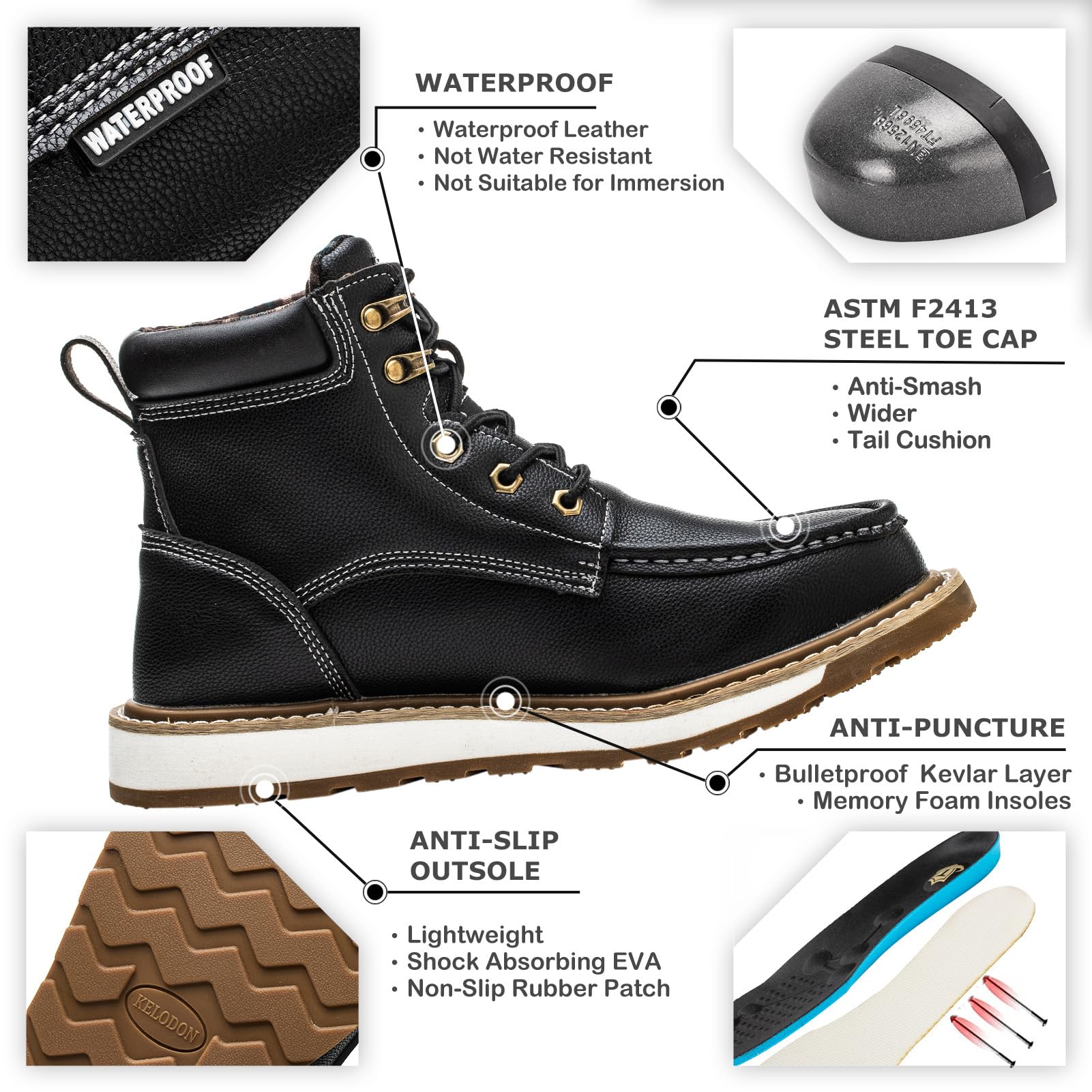 KELODON Waterproof Steel Toe Boots For Men-6" Leather Moc Toe Work Boots Mens Steel Toe Shoes Indestructible Non Slip Resistant Construction Safety Boot