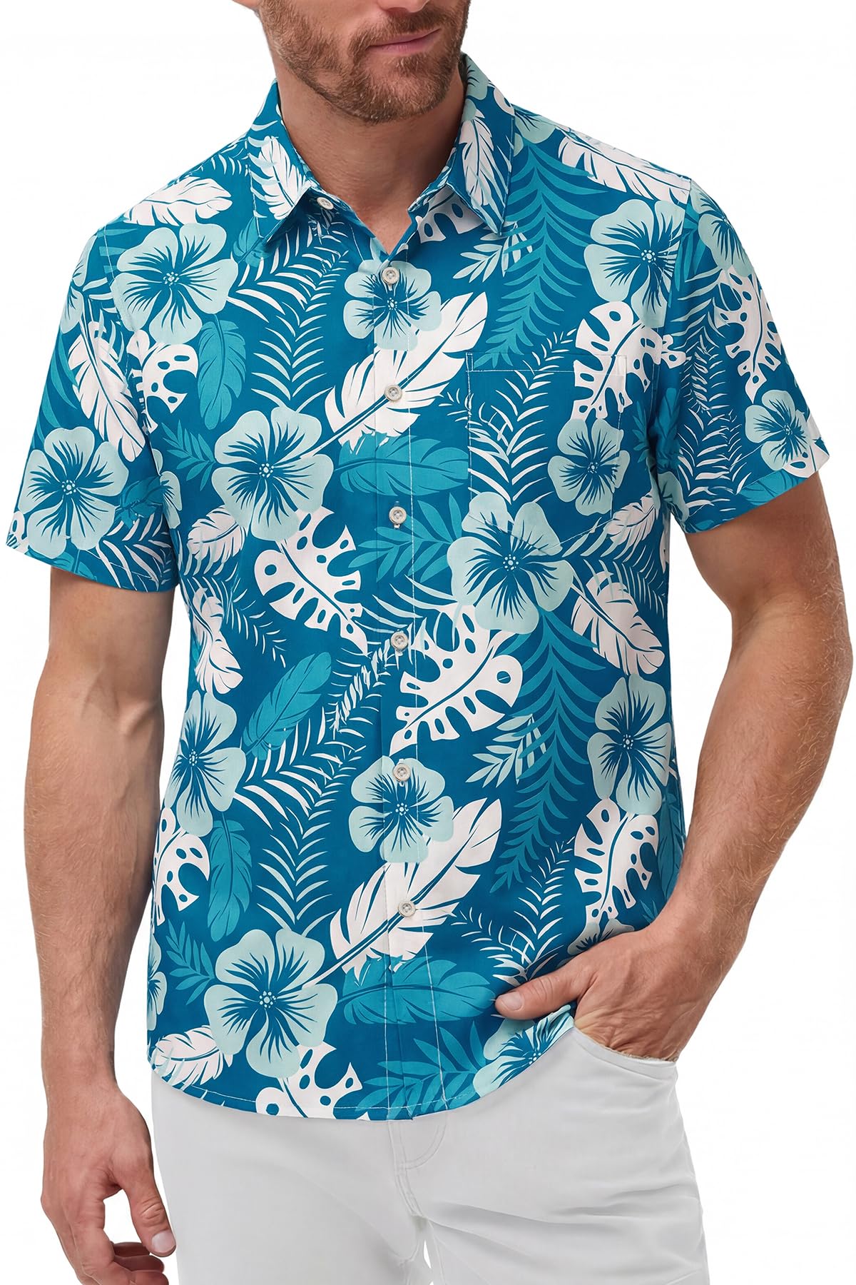 KYKU Mens Hawaiian Shirts Short Sleeve Button Down Summer Vacation Beach Shirts, Pleated Back, with Pocket