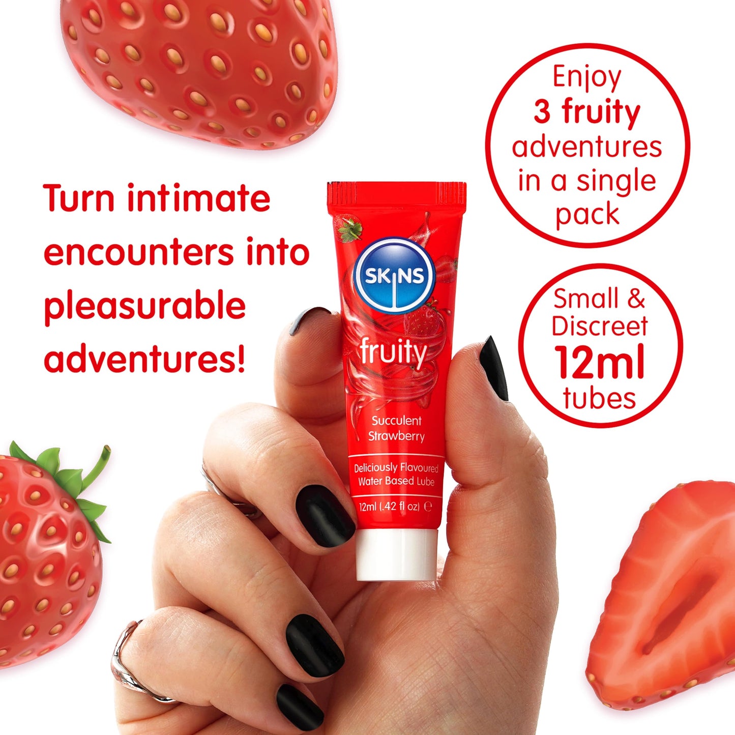 SKINS Flavored Lube Set - 3 Flavored Water Based Lubes - Fruity Edible Lubricant & Licks - Watermelon, Strawberry and Mango & Passionfruit Flavored Lube for Oral Pleasure & Intercourse