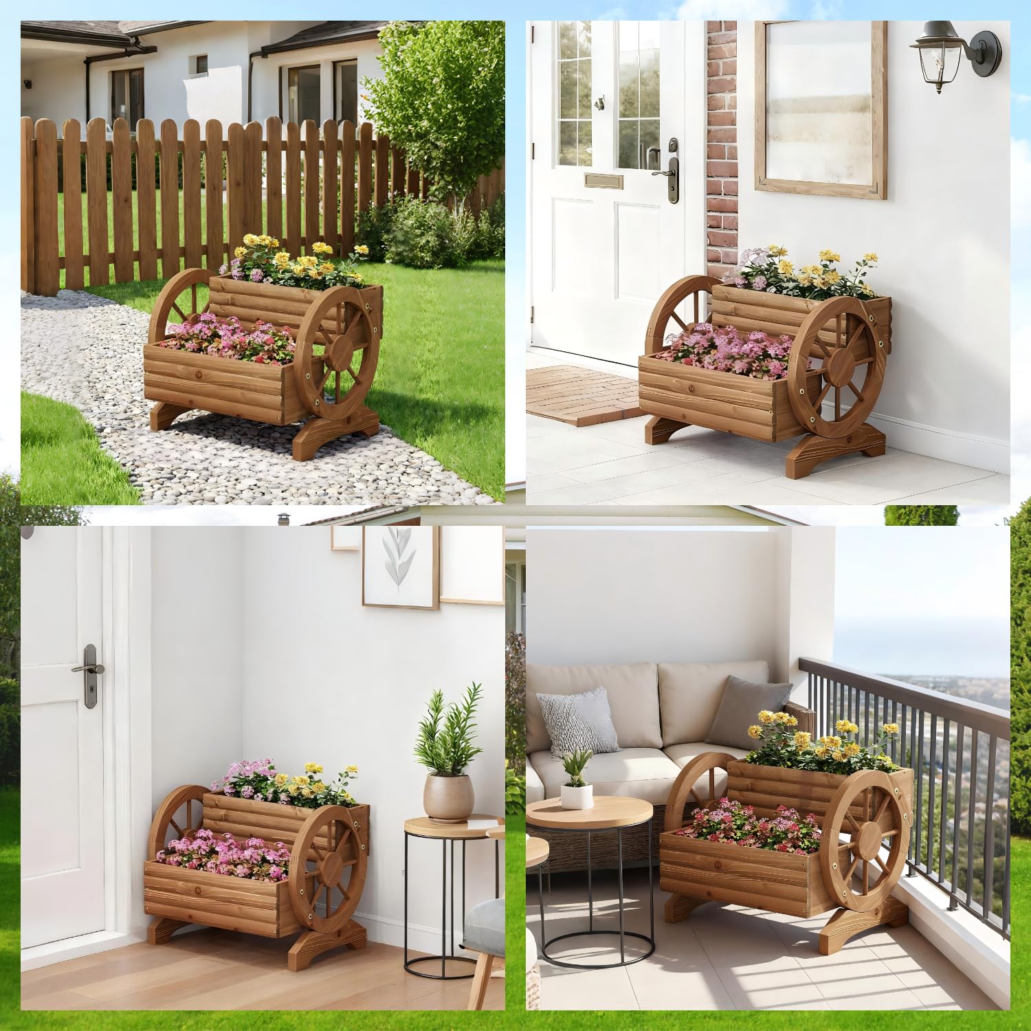 Wooden Wagon Planter Outdoor Flower Cart with Wheels Garden Planter, Decor Planter for Patio Balcony Decoration Succulent Flower Pot for Indoor Backyard Balcon Yard Decor planters