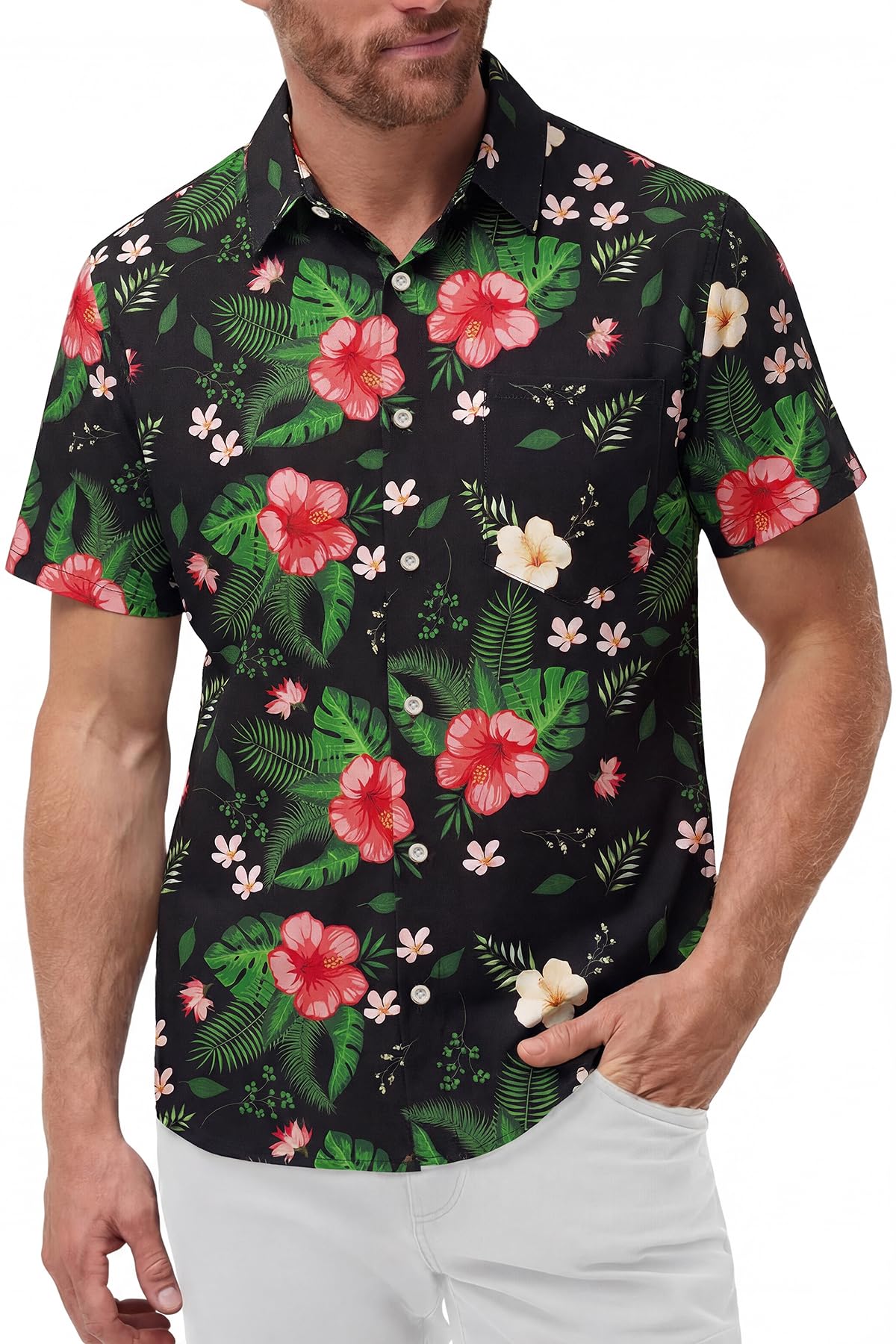 KYKU Mens Hawaiian Shirts Short Sleeve Button Down Summer Vacation Beach Shirts, Pleated Back, with Pocket