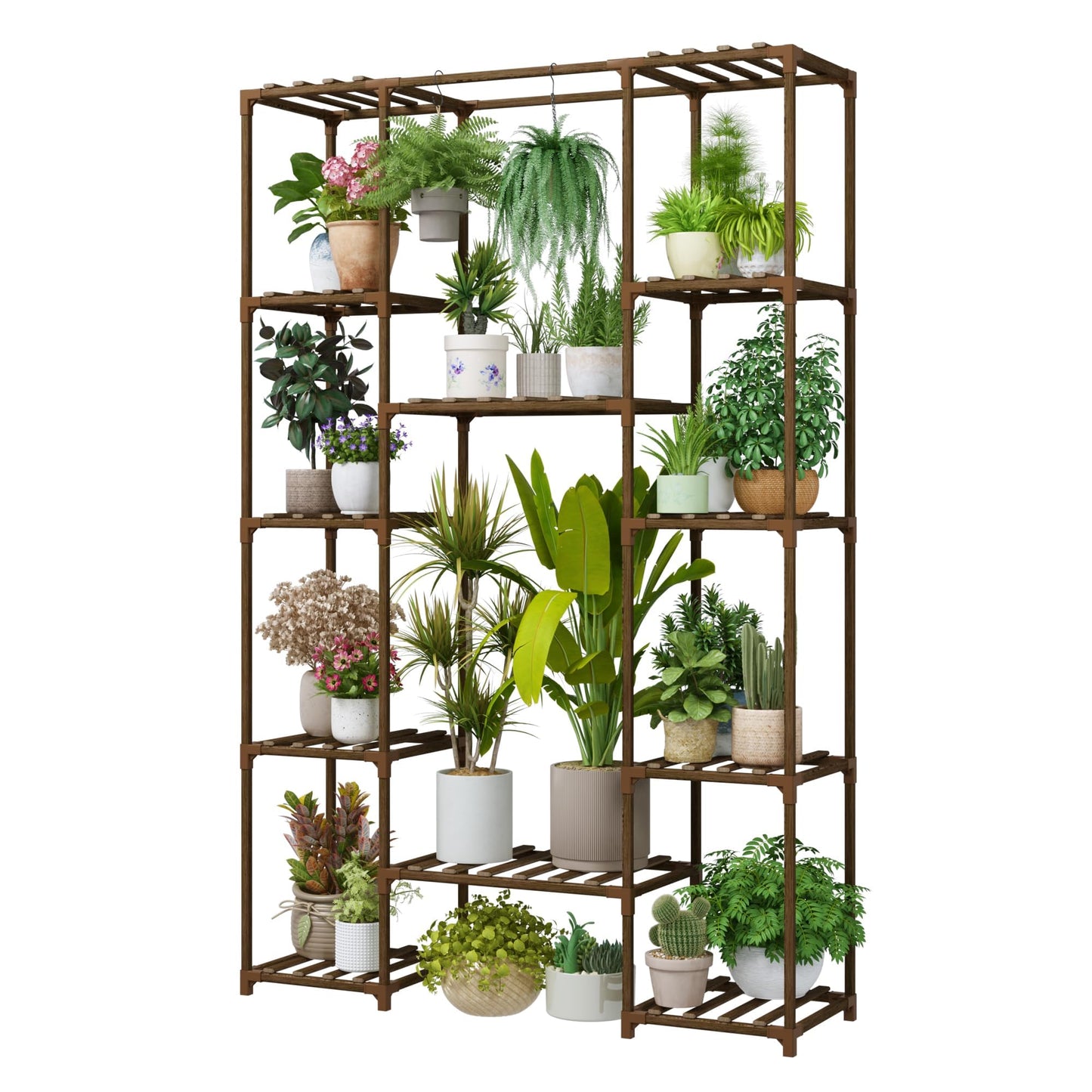 Bamworld Wood Plant Stand - Indoor/Outdoor Hanging Shelf for Multiple Plants, Tall Large Holder for Living Room, Patio, Balcony, Garden 02Futi