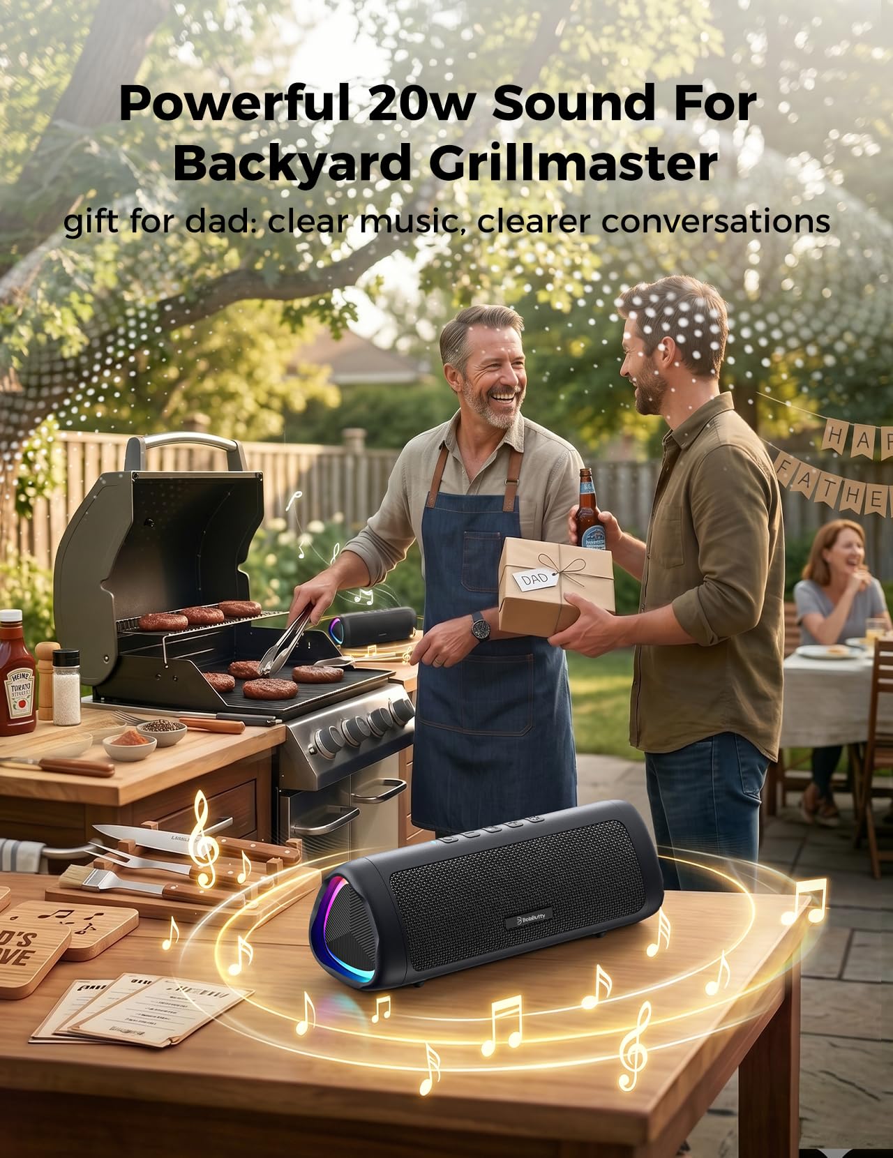 BolaButty Bluetooth Speaker, 20W HD Sound, Portable Wireless, IPX5 Waterproof, Up to 24H Playtime, TWS, for Home/Party/Outdoor/Camping/Beach Essentials, Birthday Gift for Fathers Day Men Dad Husband