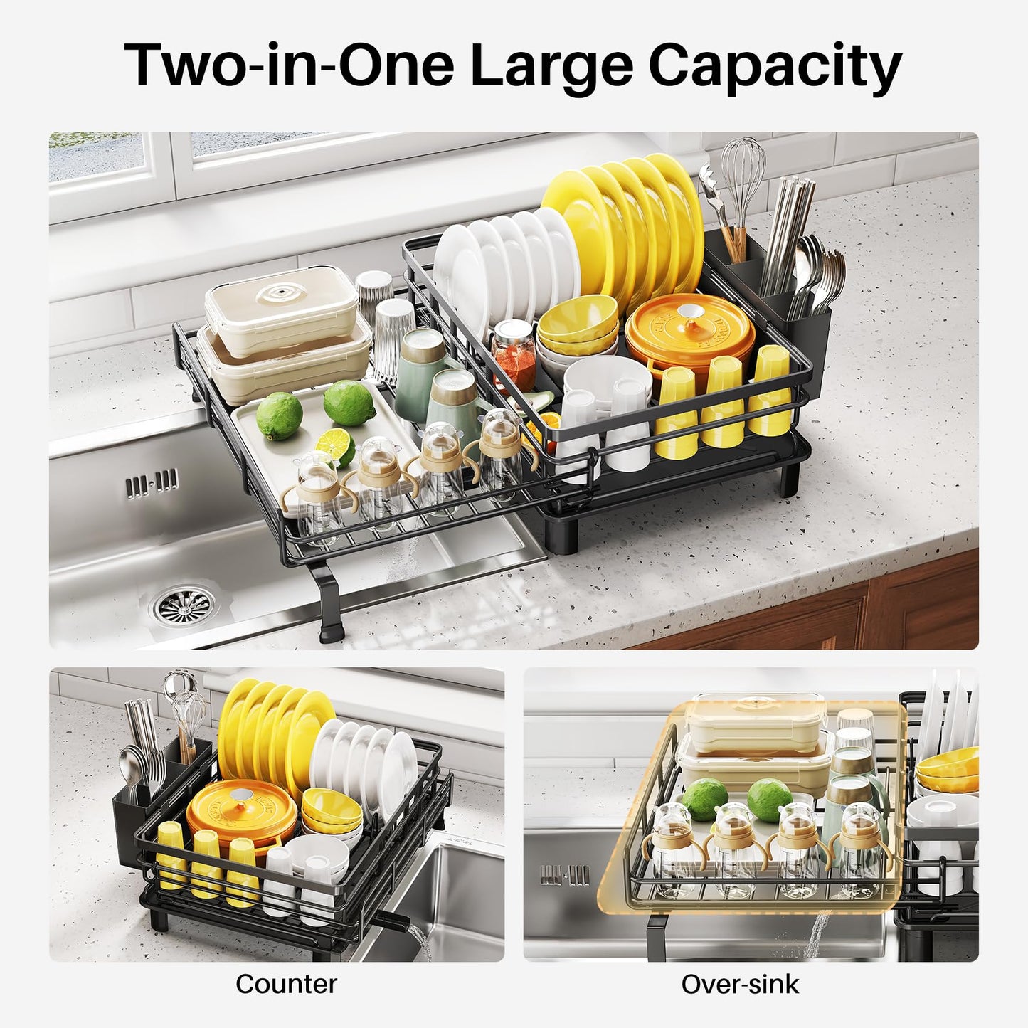 Dish Drying Rack - Extendable Dish Rack, Large Sink Drying Dish Drainer for Kitchen Counter, Stainless Steel Dish Strainer with Utensil Holder