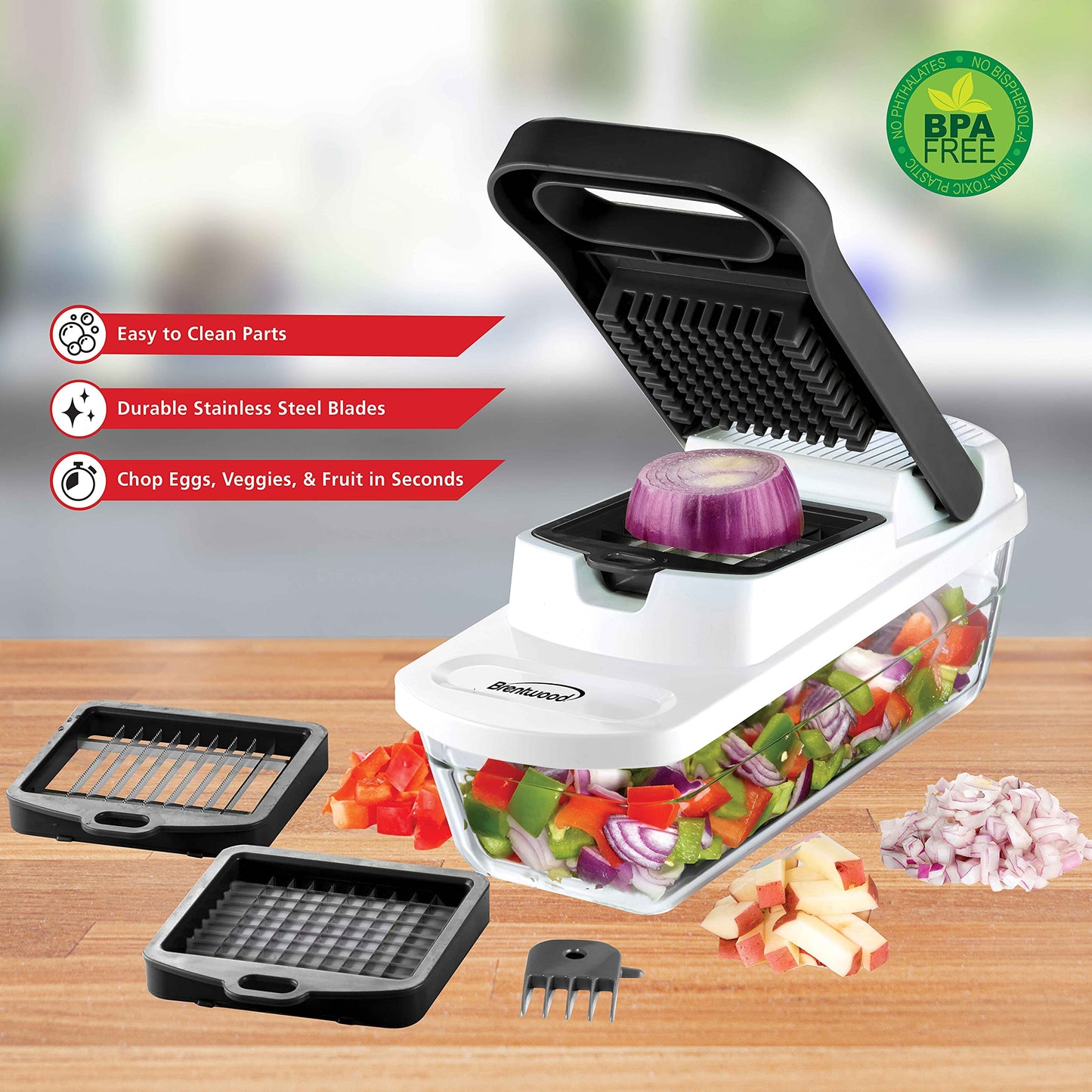 Brentwood Food Chopper and Vegetable Dicer with Storage Container and Stainless Steel Blades