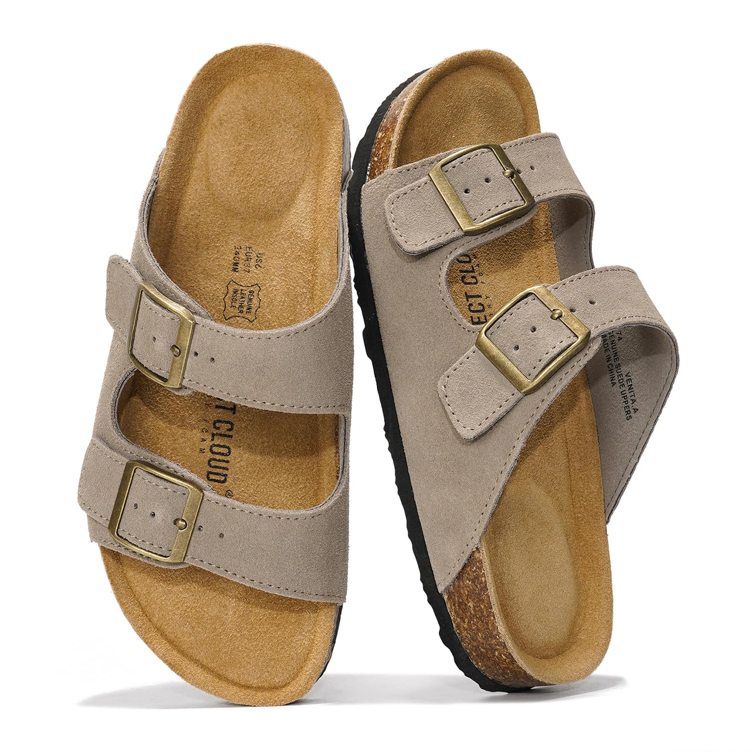 Project Cloud 100% Genuine Leather Flat Sandals For Women 2026 Cork Footbed Womens Sandals with Memory Foam and arch support Vacation Essentials Slides for Women Footwear (Venita)
