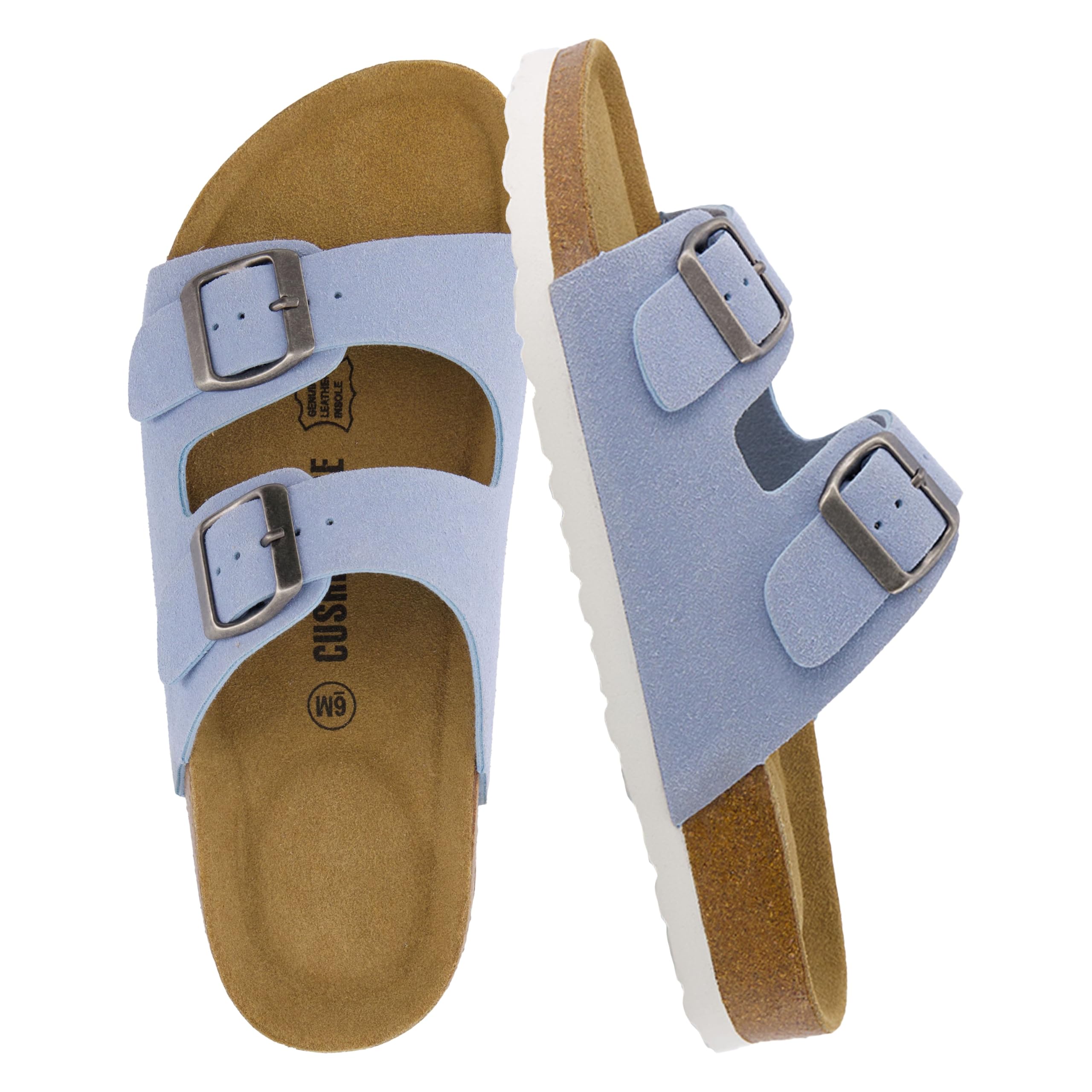 CUSHIONAIRE Lane Cork Footbed Sandals for Women – Comfortable Double Buckle Slip-On with Genuine Suede Footbed & Arch Support Slides for Women Footwear