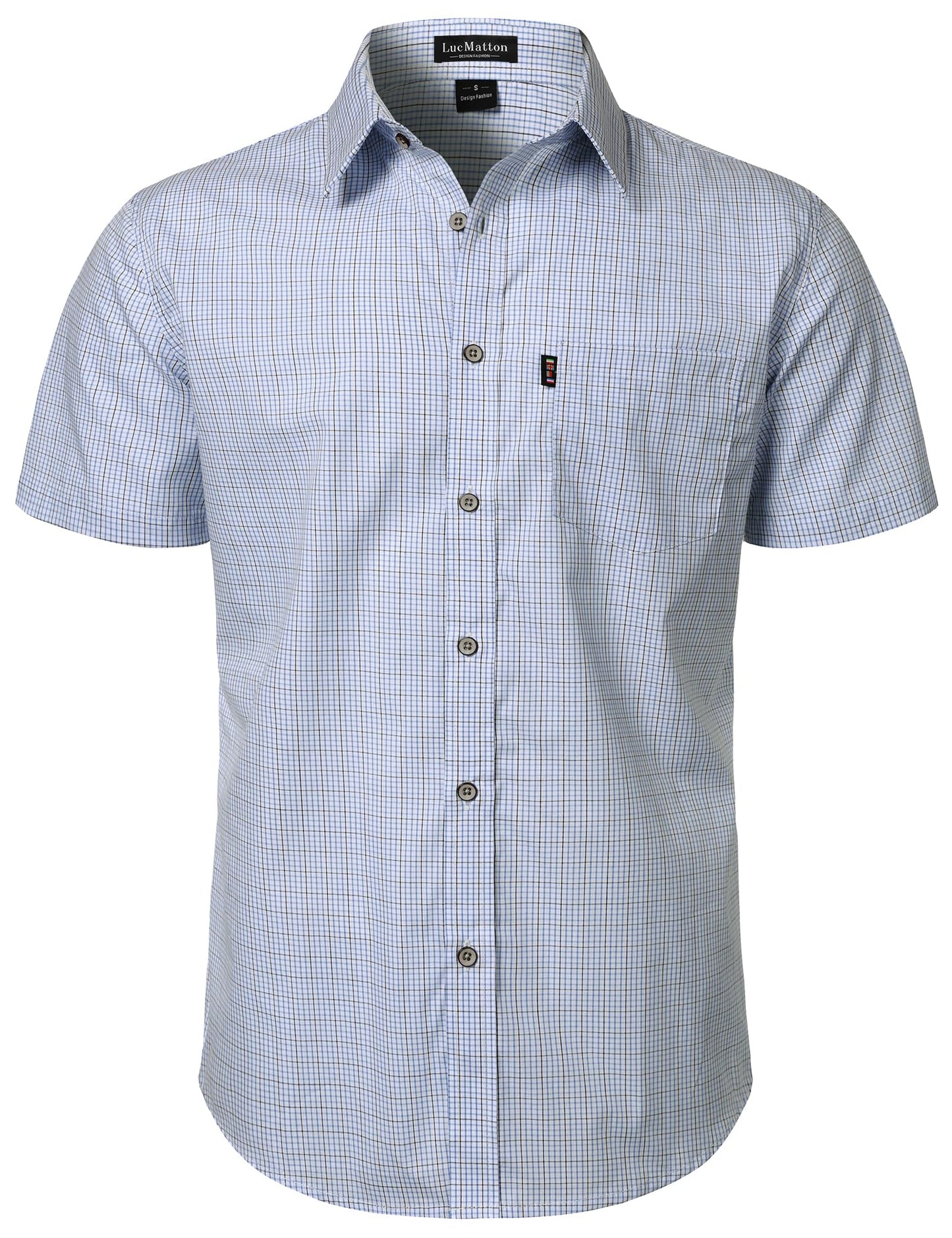 LucMatton Men's Gingham Short Sleeve Button Down Shirt Cotton Regular Fit Plaid Dress Shirts with Pocket