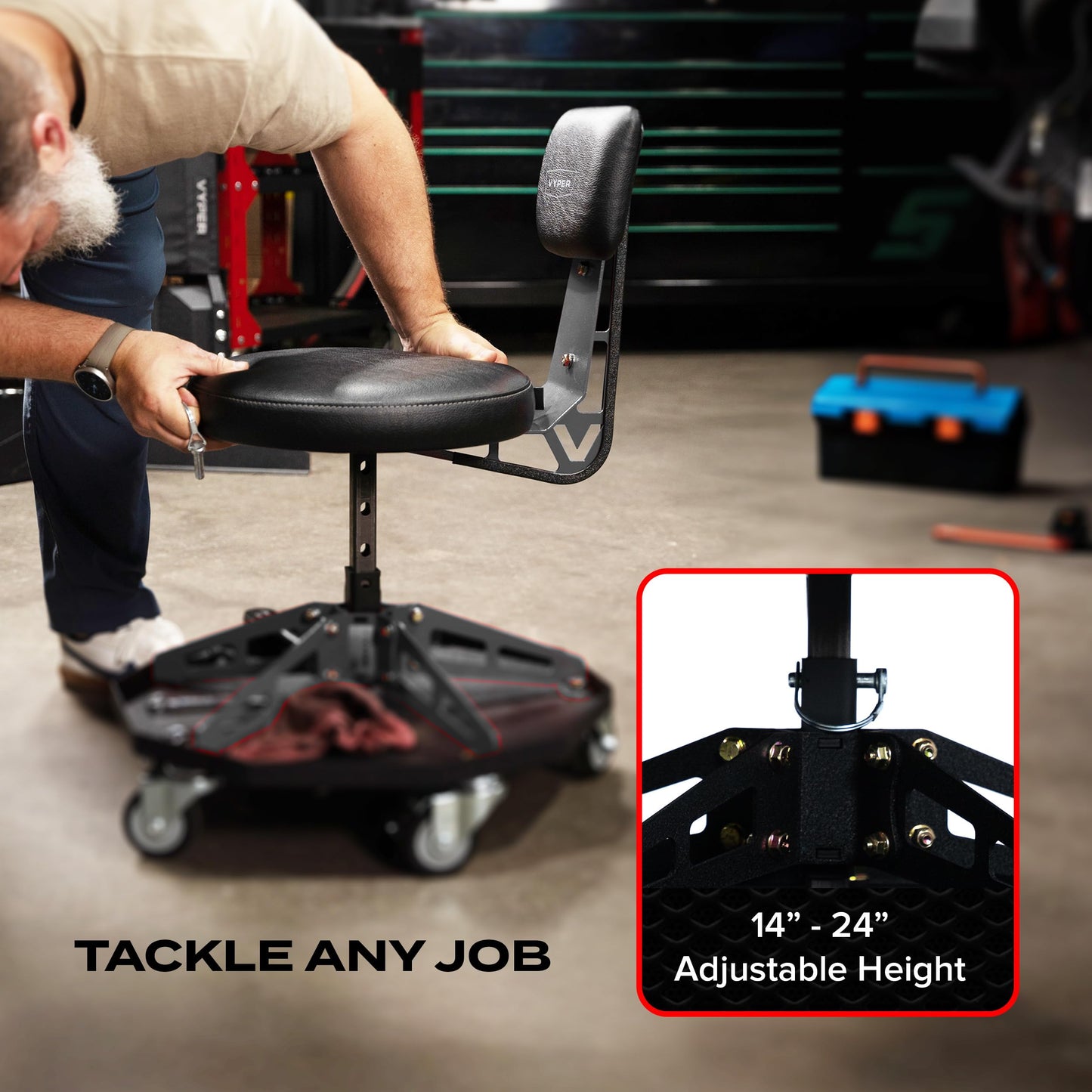 Vyper Robust Steel Sport Shop Chair for Mechanics, Automotive, DIY - Made in USA - 300 lb Capacity Garage Stool with Backrest and Large Wheels