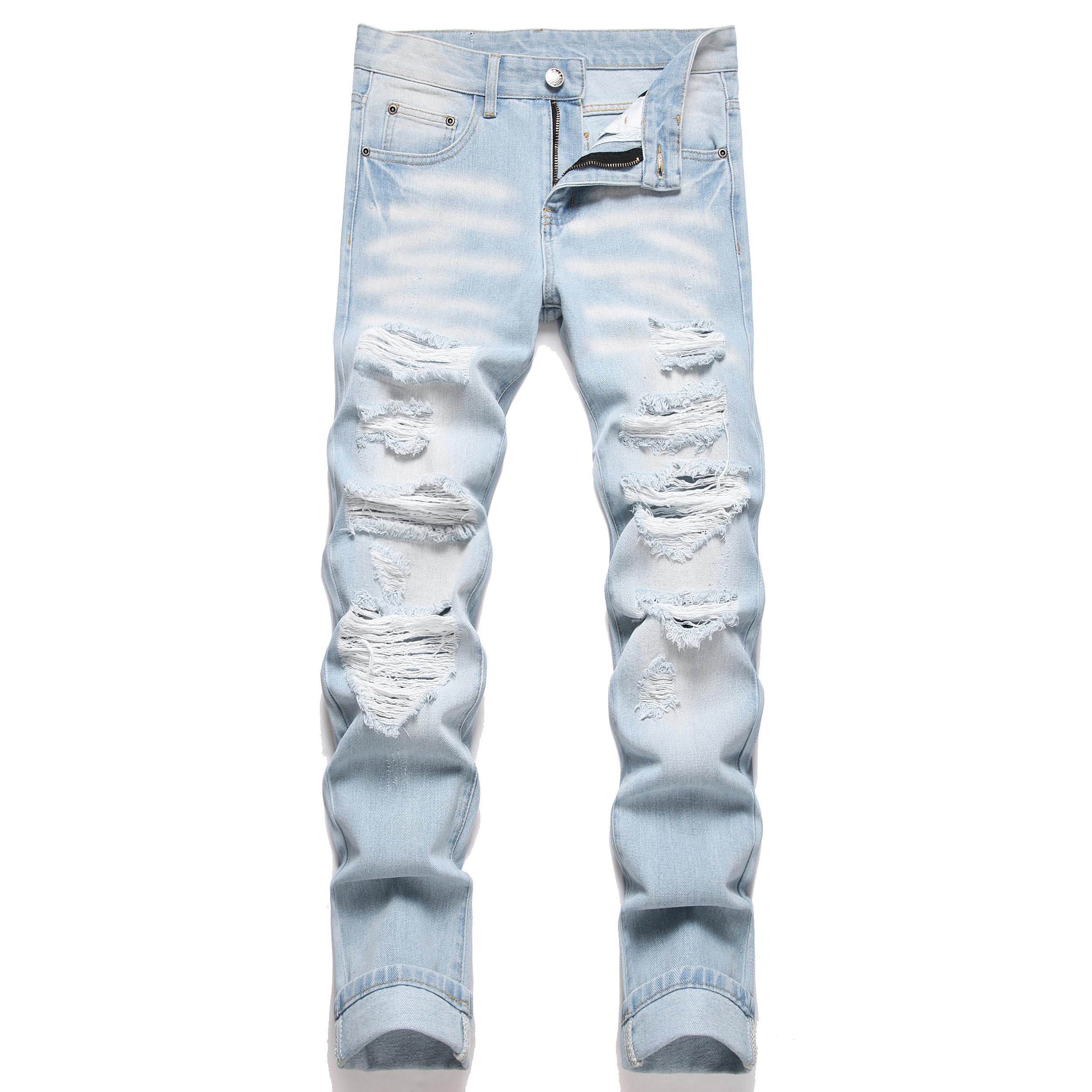 OIIIO Men's Ripped Slim Fit Straight Leg Jean Denim Pant