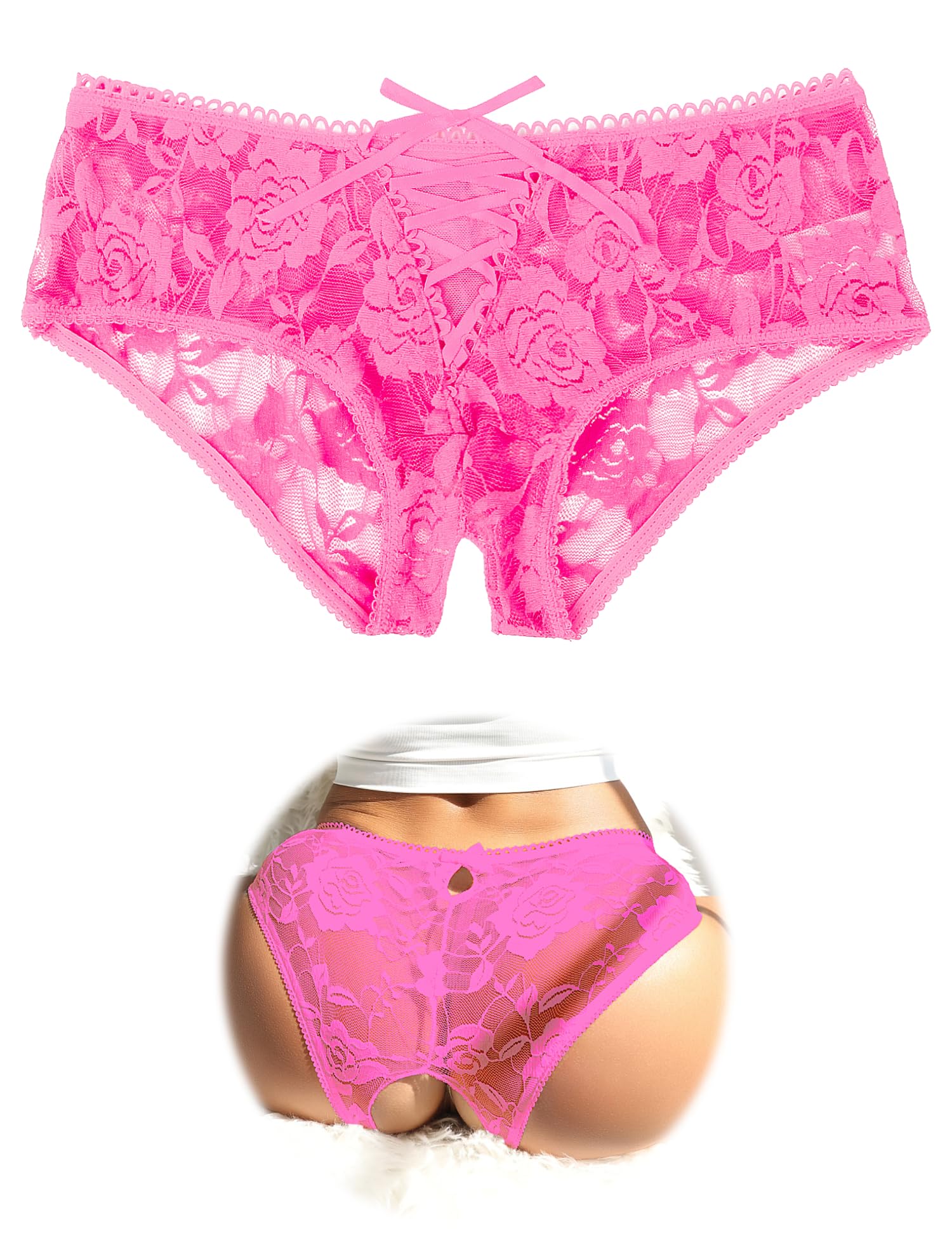 ohmydear Womens Lace Boyshorts Crotchless Sexy Panties Crisscross Strappy Underwear Plus Size Hipster Briefs XS-4XL
