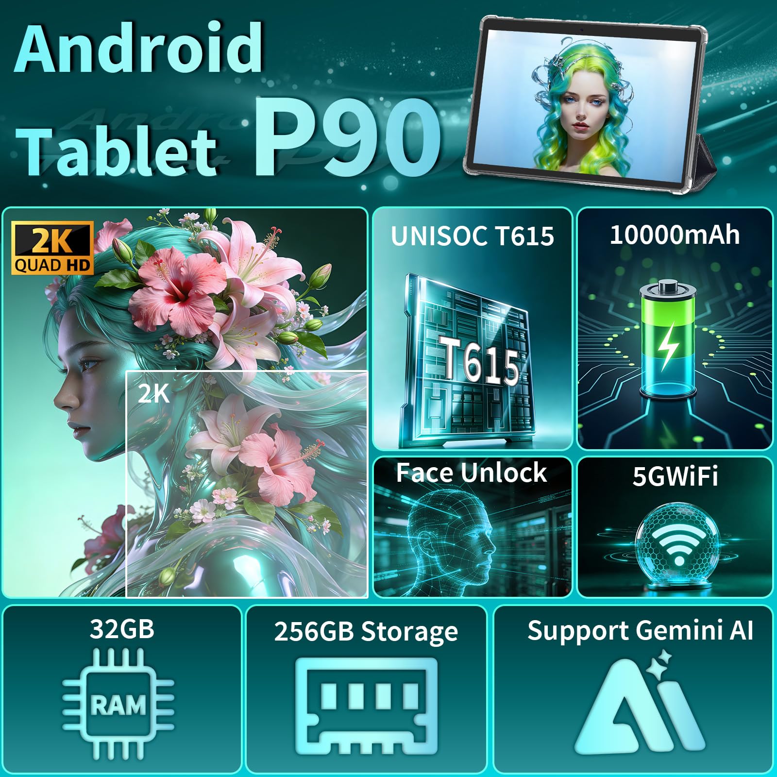 JJGJ 13 Inch Tablet, Android 16 Tablet with Keyboard, 32GB+256GB+2TB Expand, 120Hz 1920x1200 IPS Display, Gemini AI, 10000mAh, 8-Core, Wi-Fi, GPS, Large Screen 2K Tablet PC with Case, Mouse, Stylus