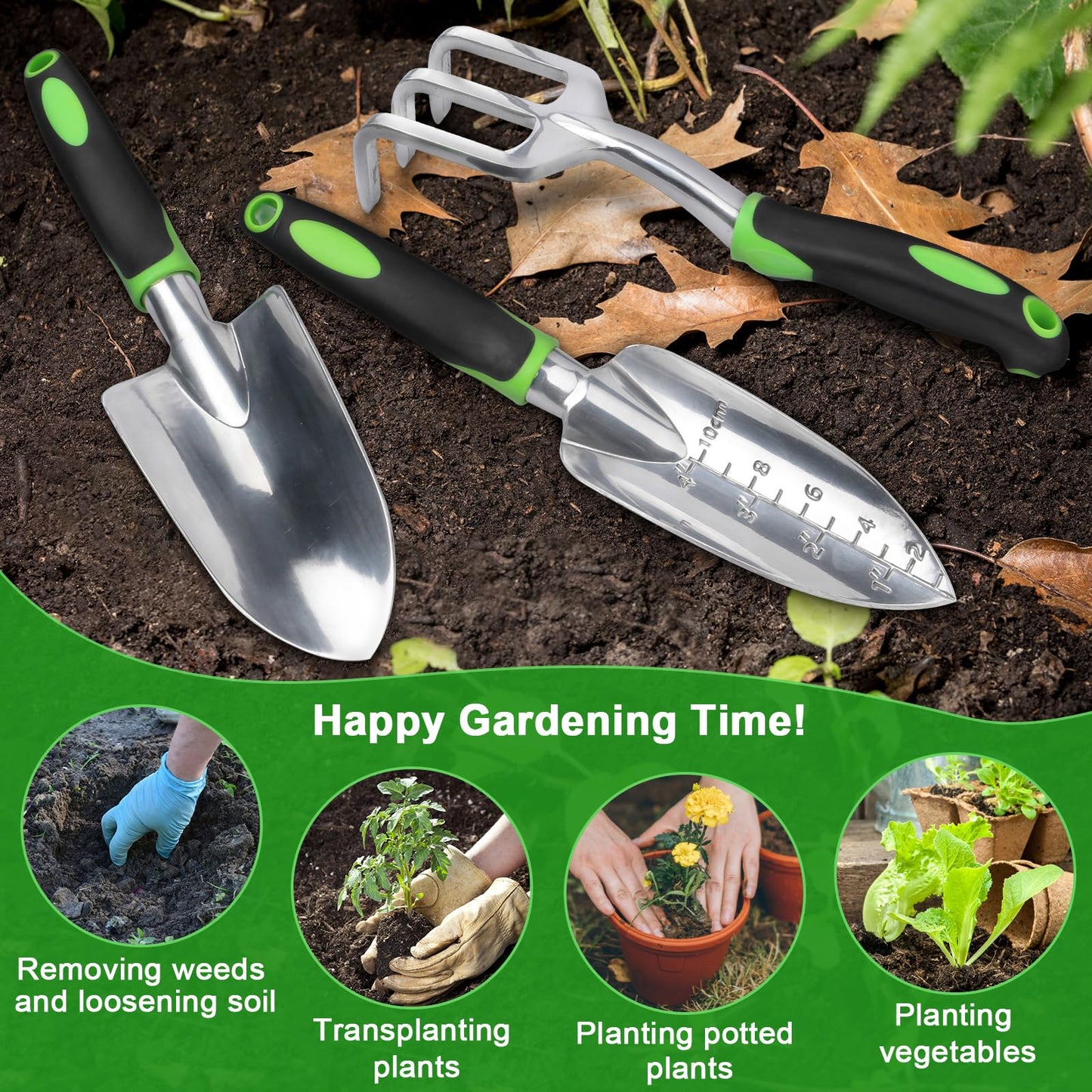 Garden Tools Set, 3 Pack Heavy Duty Gardening Tools Set Include Garden Shovel, Transplant Trowel and Hand Rake