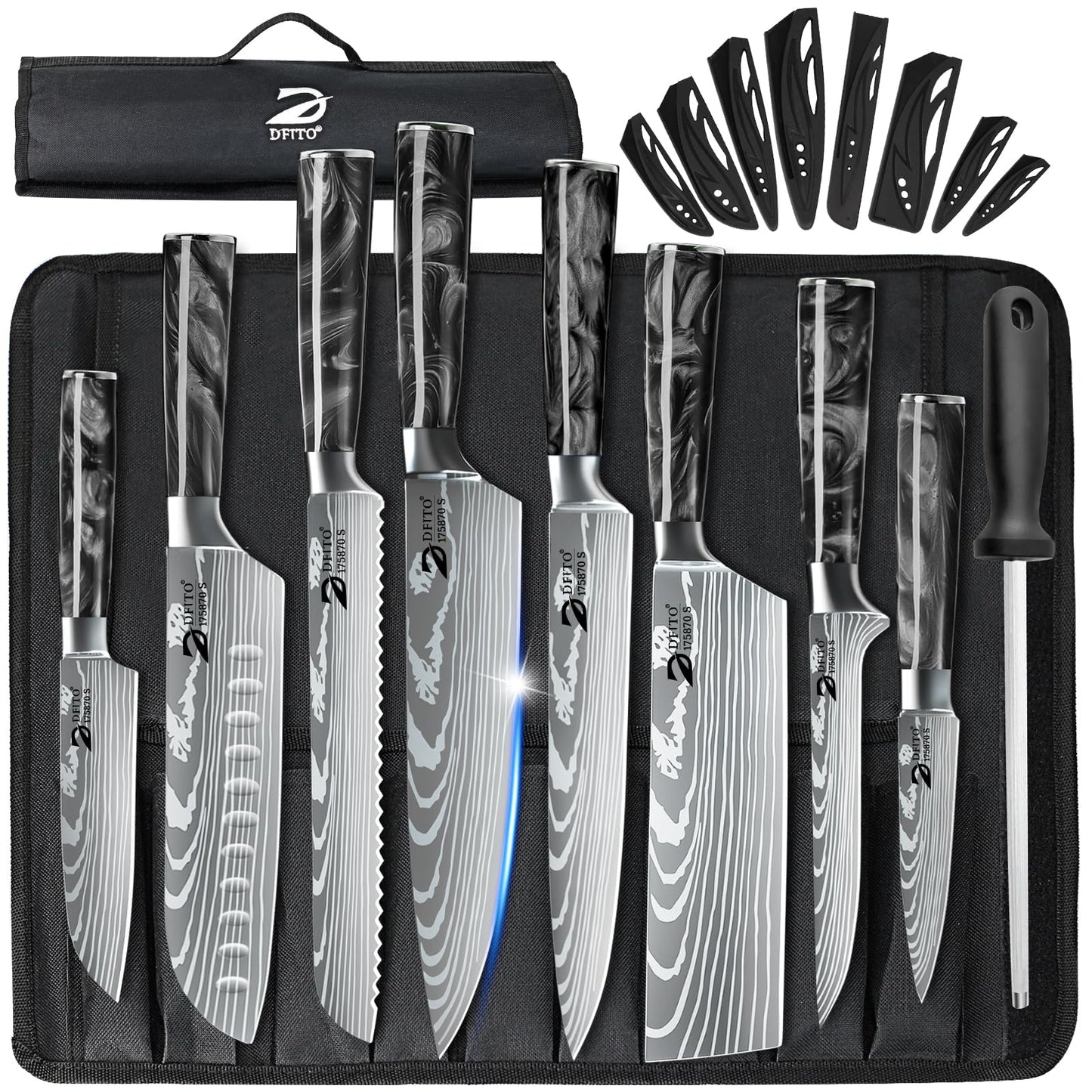 Dfito Chef Knife Sets with Roll Bag, 9 Pieces Professional Knife Set, High Carbon Stainless Steel Kitchen Chef Knife Set, Red Pakkawood Handle, Dishwasher Safe
