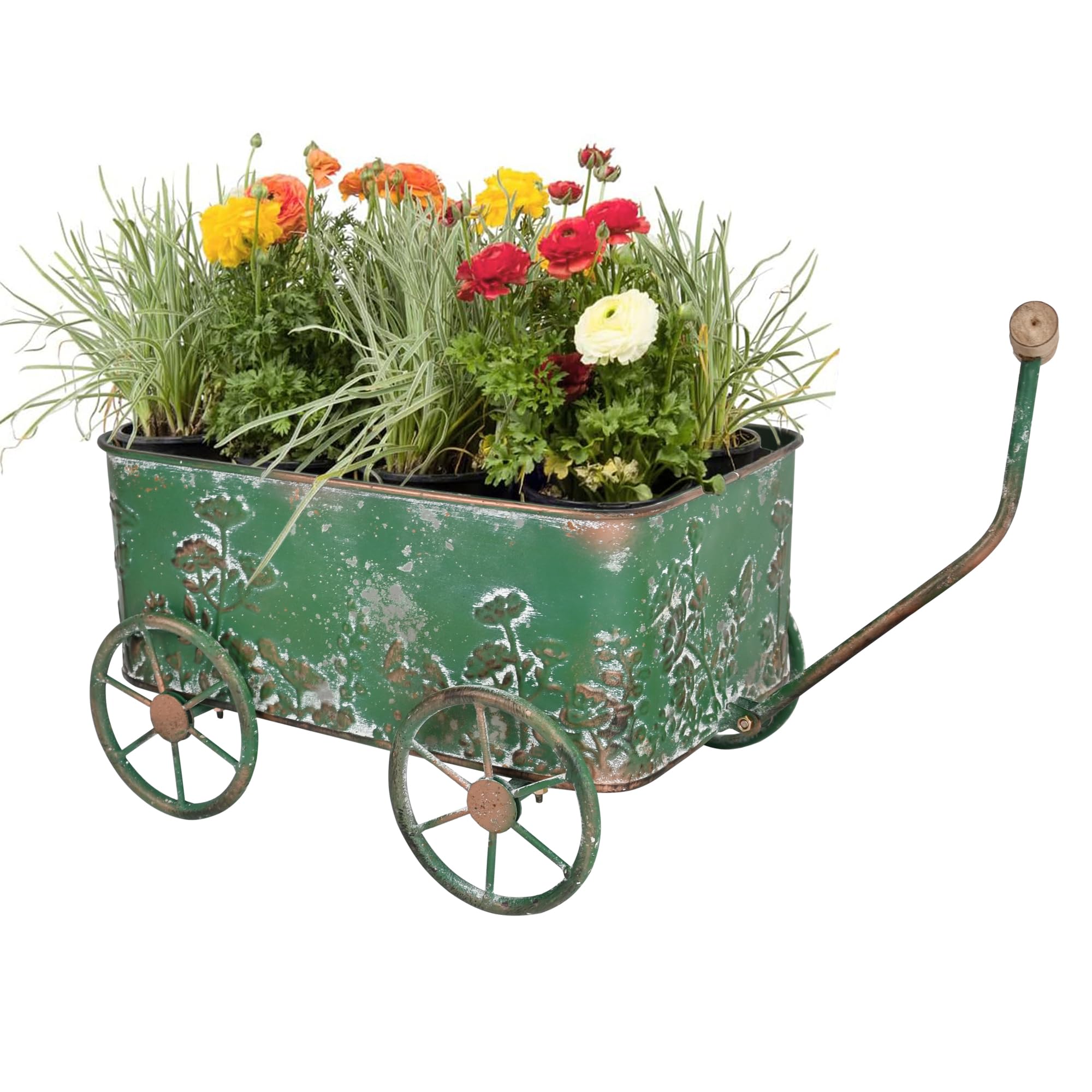Zokyntrix Flower Cart with Wooden Handles, Metal Wagon Planters for Outdoor Plants, Garden Planter with Wagon Wheels, Decorative Wheelbarrow, Plant Cart for Patio Garden Balcony