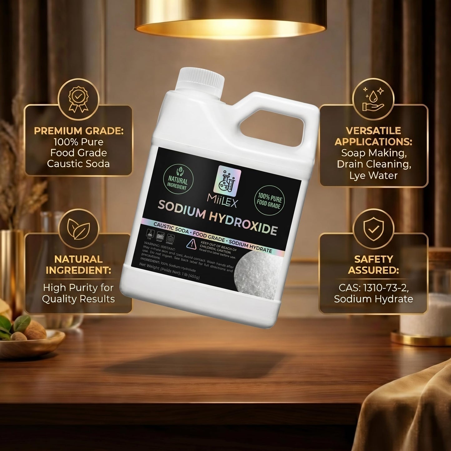 Food Grade Lye Sodium Hydroxide - (1lbs or 453g) 100% Pure Caustic Soda, Drain Cleaning, Soap Making, Culinary Use, Pretzels, Textiles, Granules
