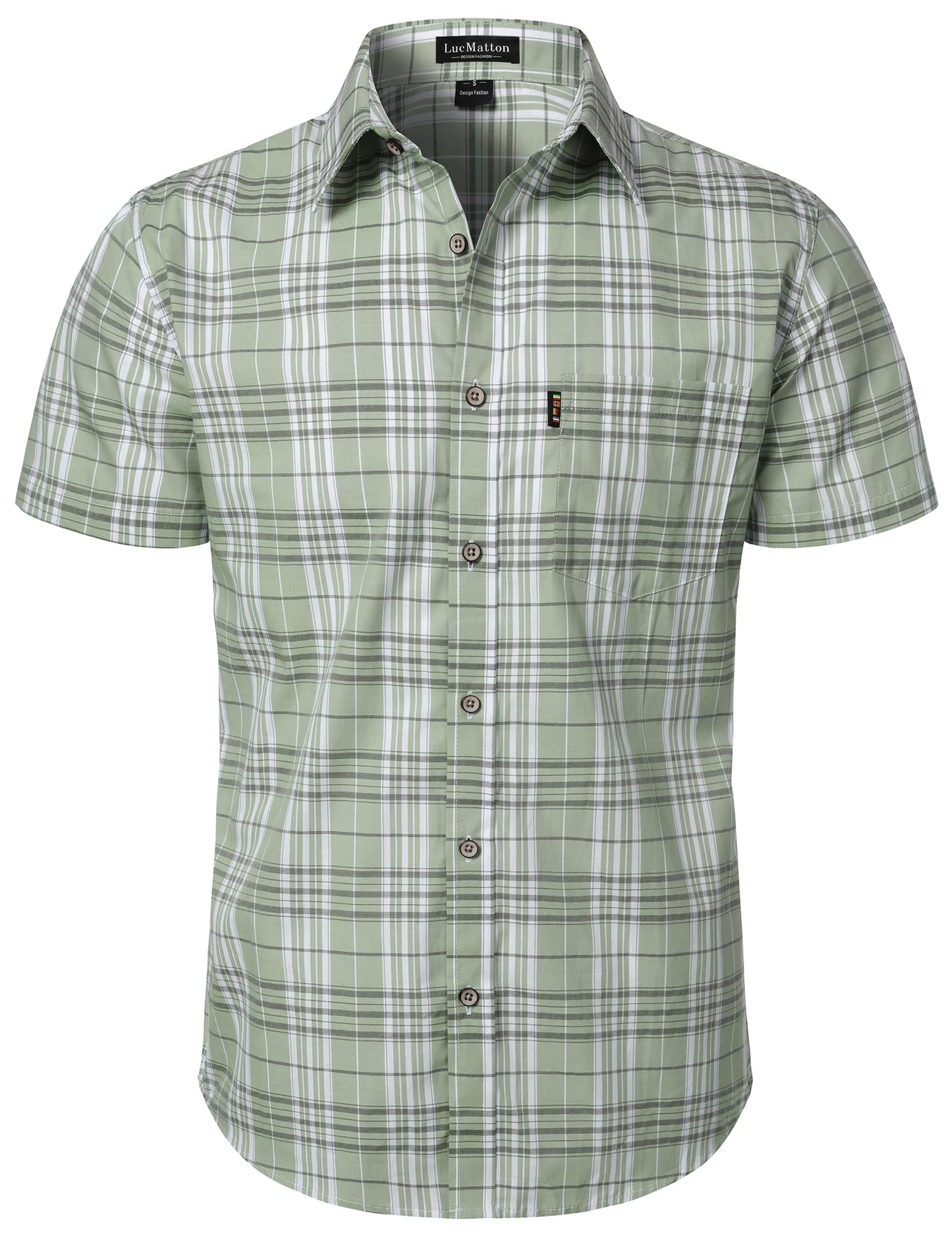 LucMatton Men's Gingham Short Sleeve Button Down Shirt Cotton Regular Fit Plaid Dress Shirts with Pocket