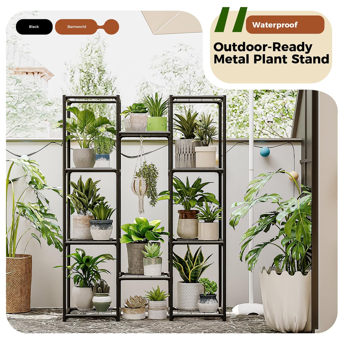 Bamworld Wood Plant Stand - Indoor/Outdoor Hanging Shelf for Multiple Plants, Tall Large Holder for Living Room, Patio, Balcony, Garden 02Futi