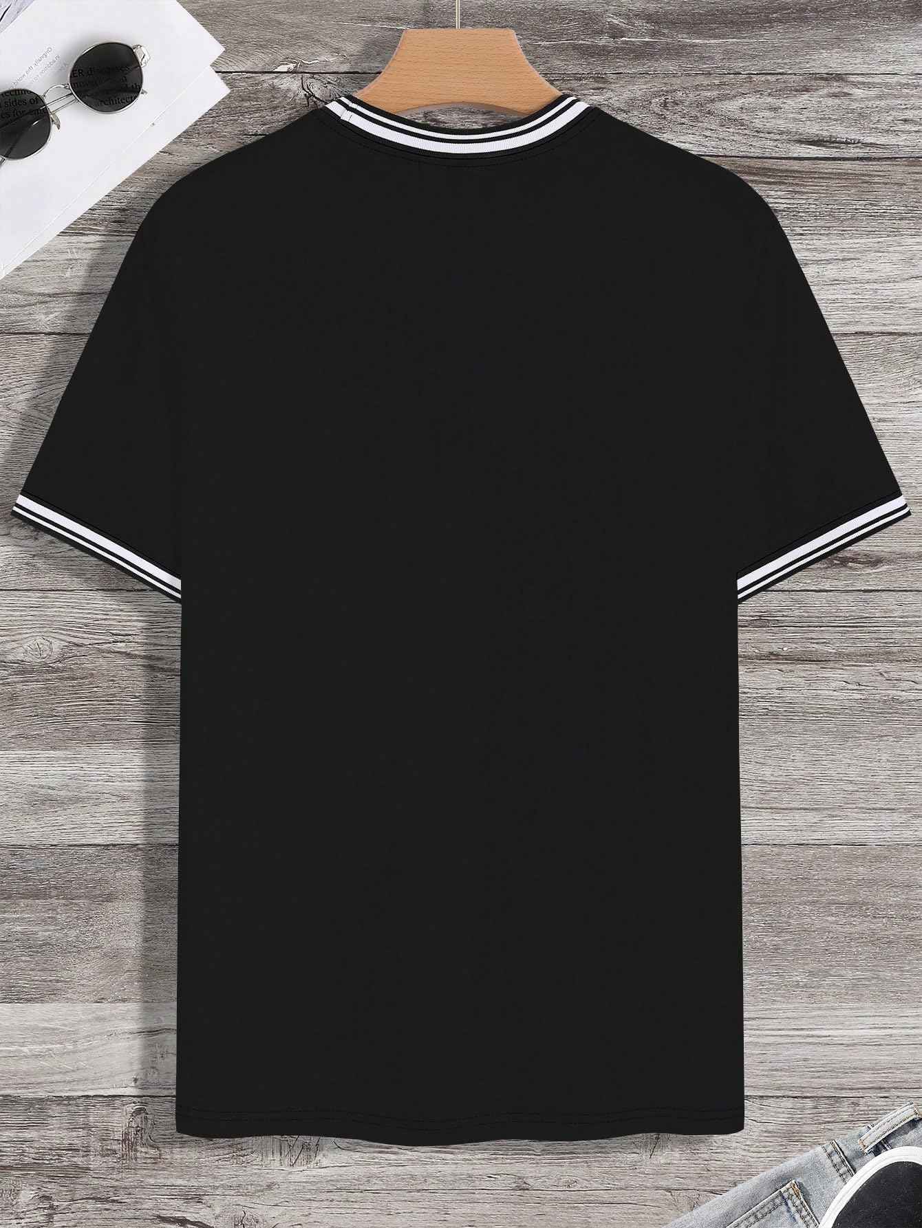 SOLY HUX Men's Crown Letter Print Striped Trim Tee Tops Short Sleeve Crew Neck Summer T Shirt