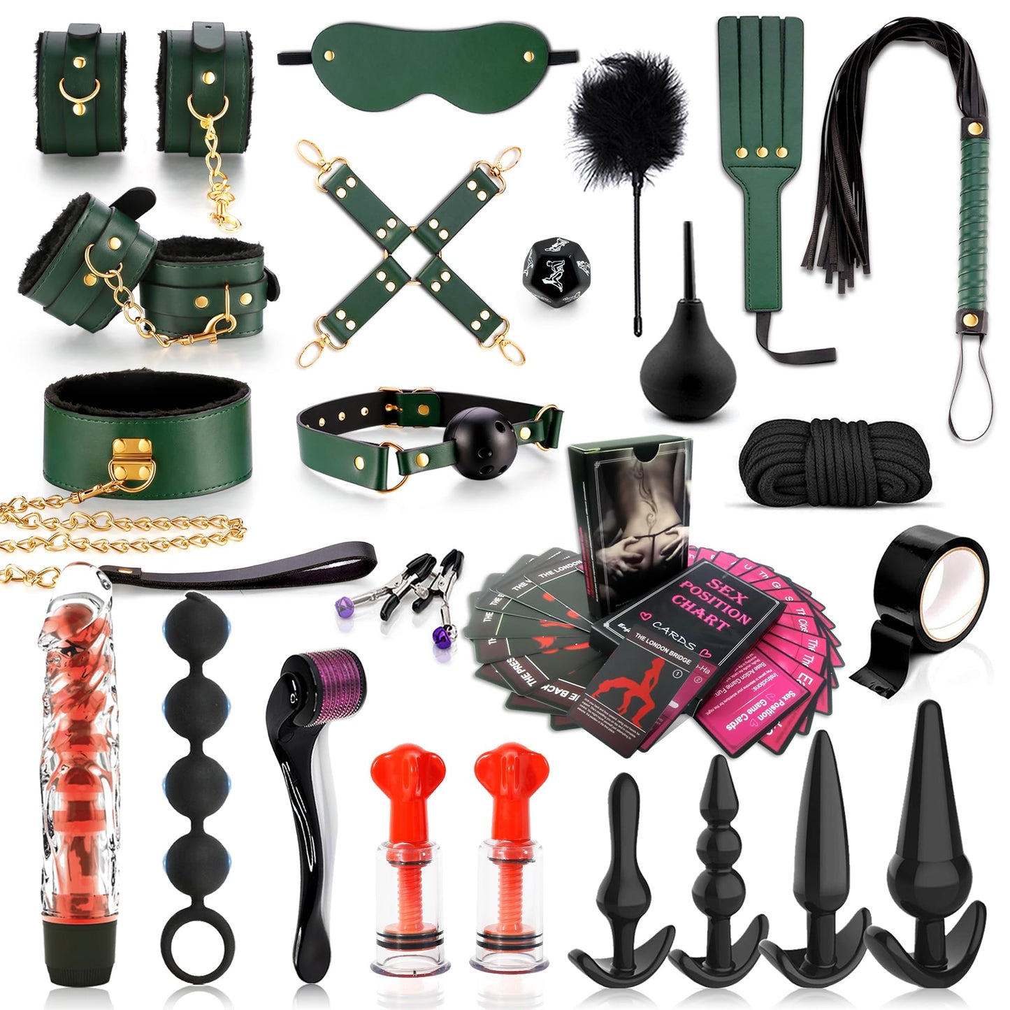 BDSM kit Sex Toys Bondage Restraints Set,Anal Butt Plug Toys and Adjustable Handcuffs Collar Ankle Cuff Blindfold,Sex Things for Couples Kinky and Couple Sex Toys for Games Card.