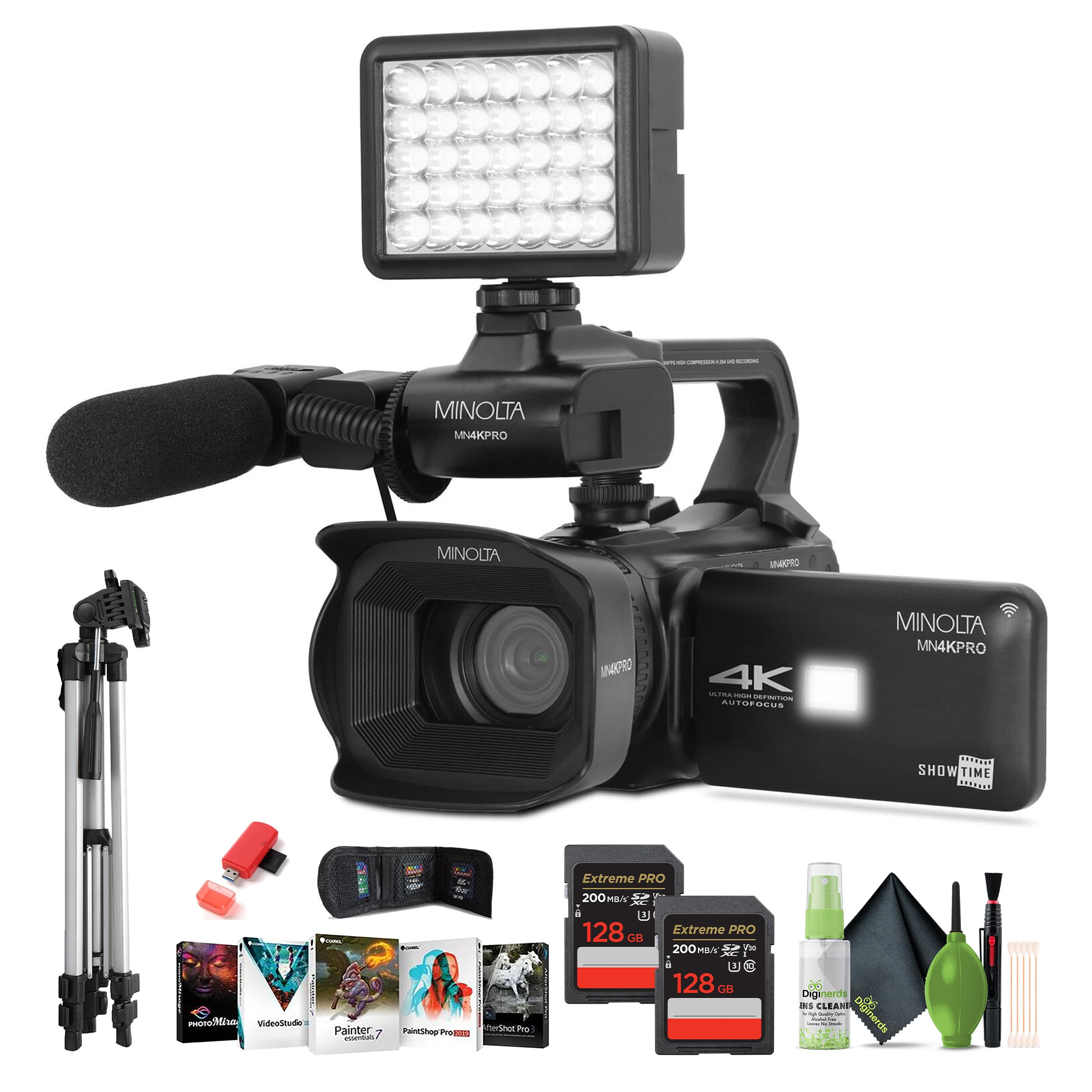 Minolta MN4KPRO 4K60FPS UHD 64 MP Autofocus Pro Camcorder Kit w/WiFi Bundle with 2X 128GB Memory Card + 72" Camera Tripod + USB Card Reader, SD/microSD + Corel Photo, Video, & Art Suite Deluxe
