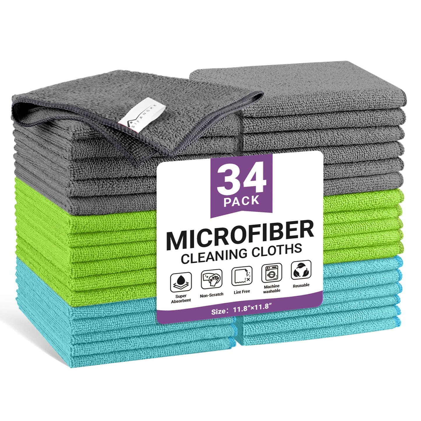 SIFANGKE Microfiber Cleaning Cloth, Lint-Free and Highly Absorbent Rags, Reusable Microfiber Towels for Car, Kitchen, Bathroom and Household Cleaning Supplies, 11.8"X11.8"
