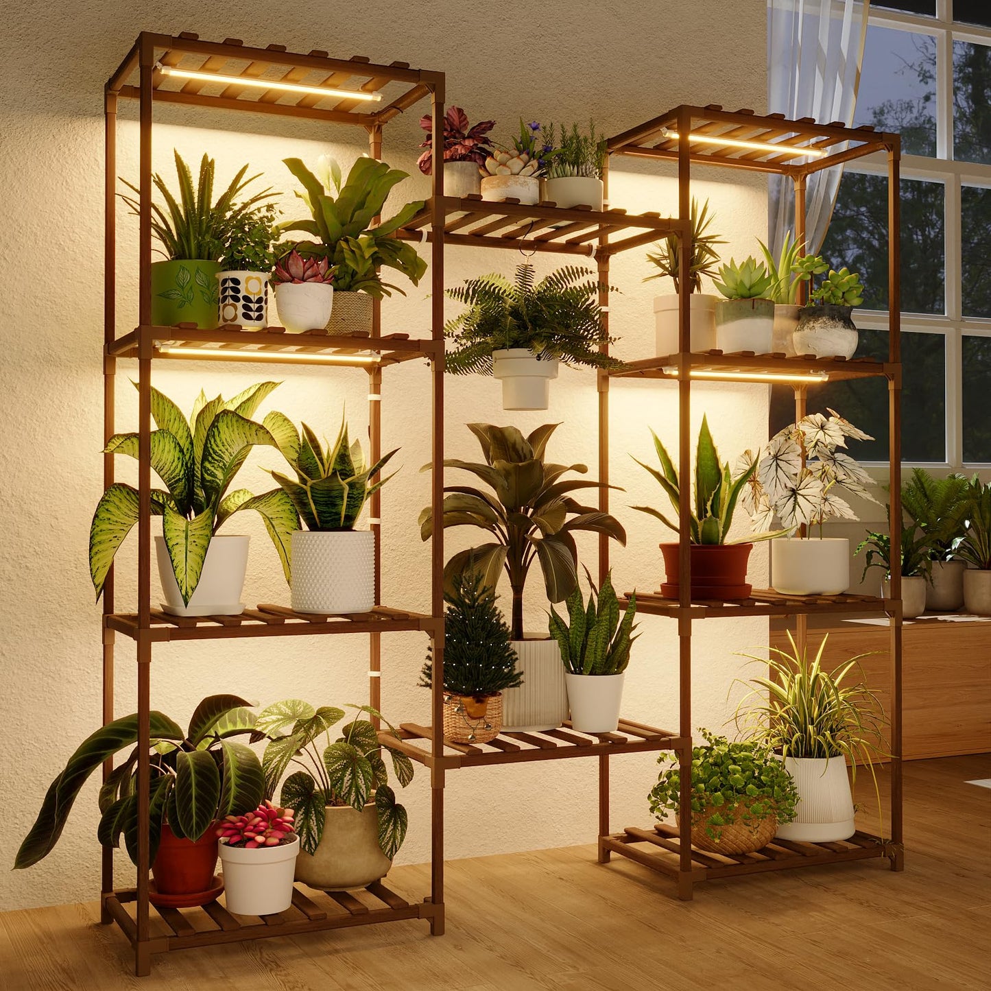 Bamworld Wood Plant Stand - Indoor/Outdoor Hanging Shelf for Multiple Plants, Tall Large Holder for Living Room, Patio, Balcony, Garden 02Futi
