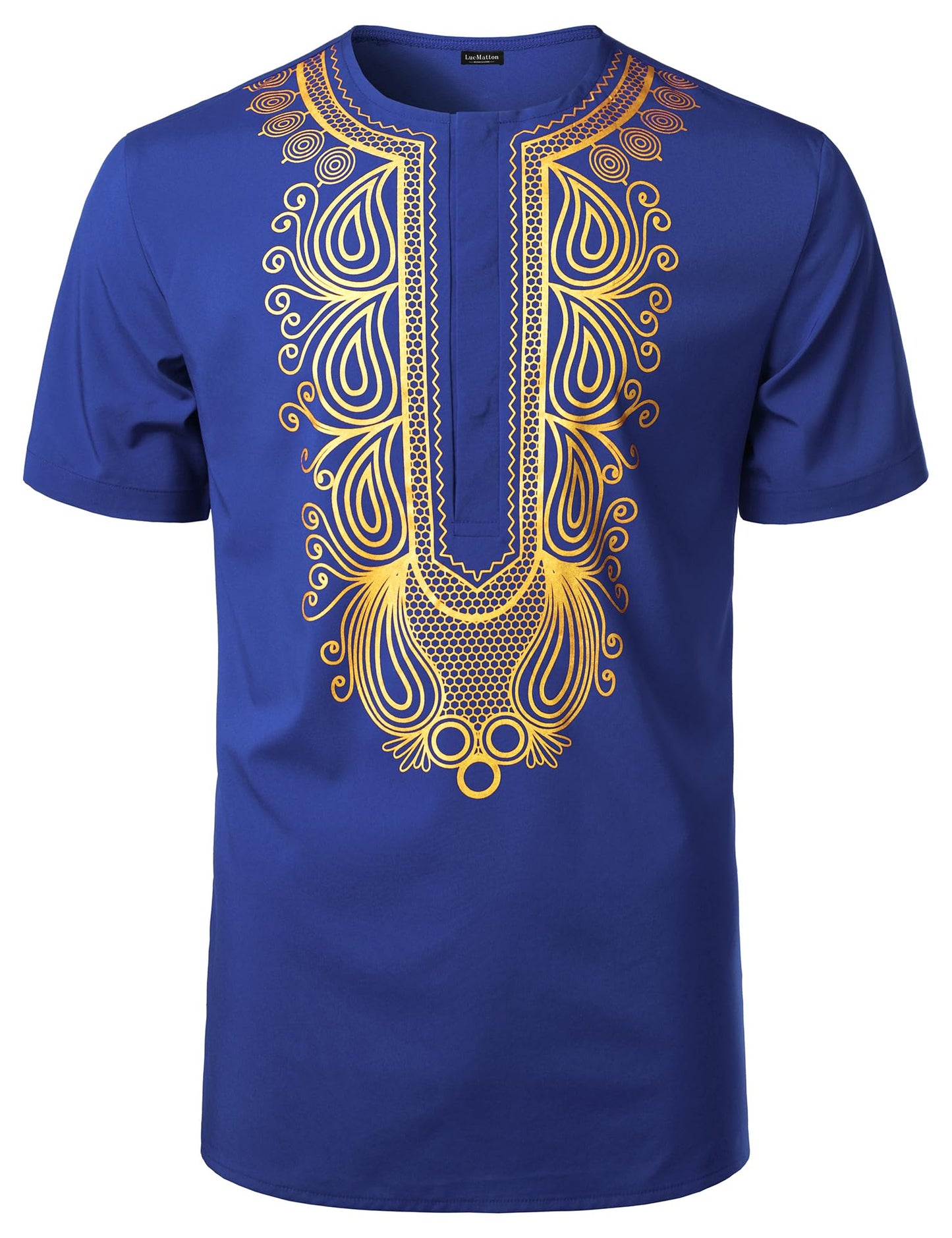 LucMatton Men's African Short Sleeve Hidden Button Shirt Metallic Foil Stamping Dashiki T Shirt