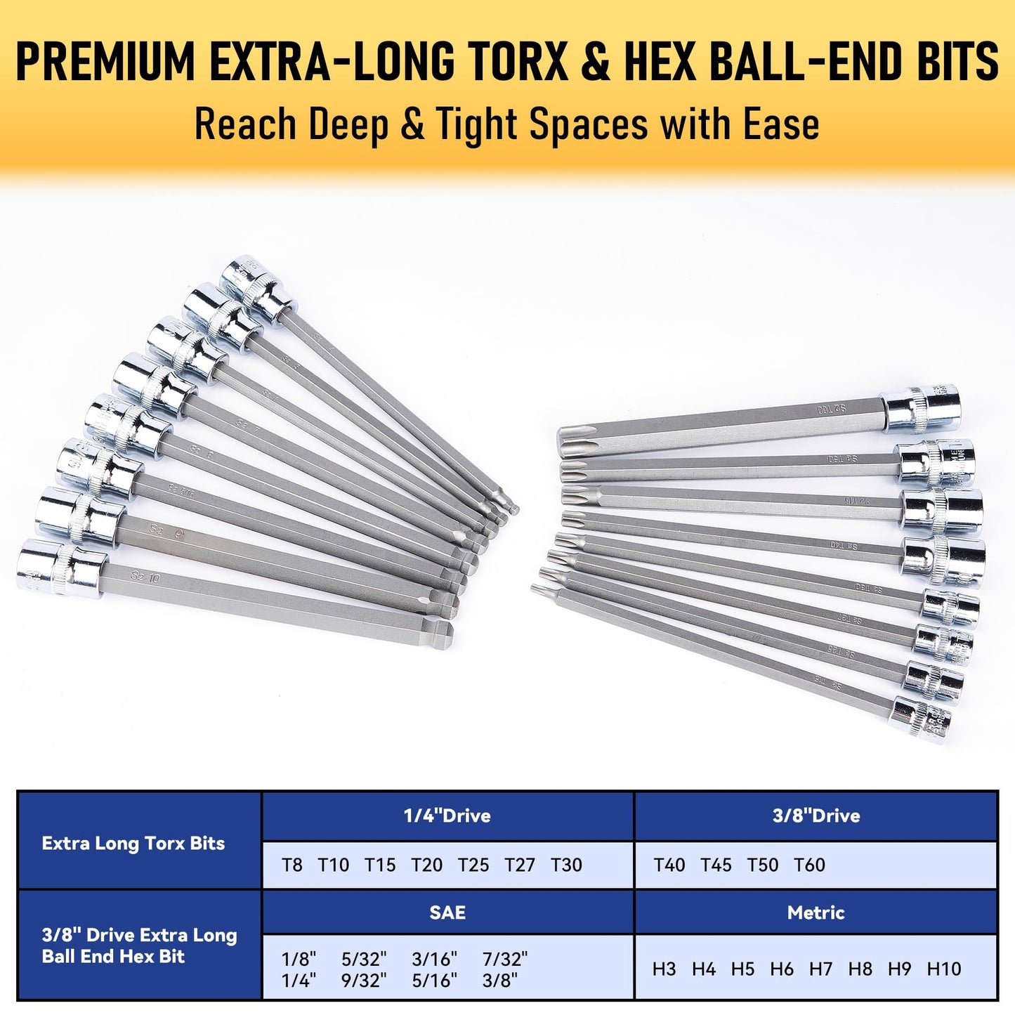 107-Piece Master Torx & Allen Bit Socket Set, S2 Steel, 1/4" 3/8" 1/2" Drive, Long Torx, Ball End Hex, Tamper-Resistant Star, E-Star Sockets, SAE & Metric