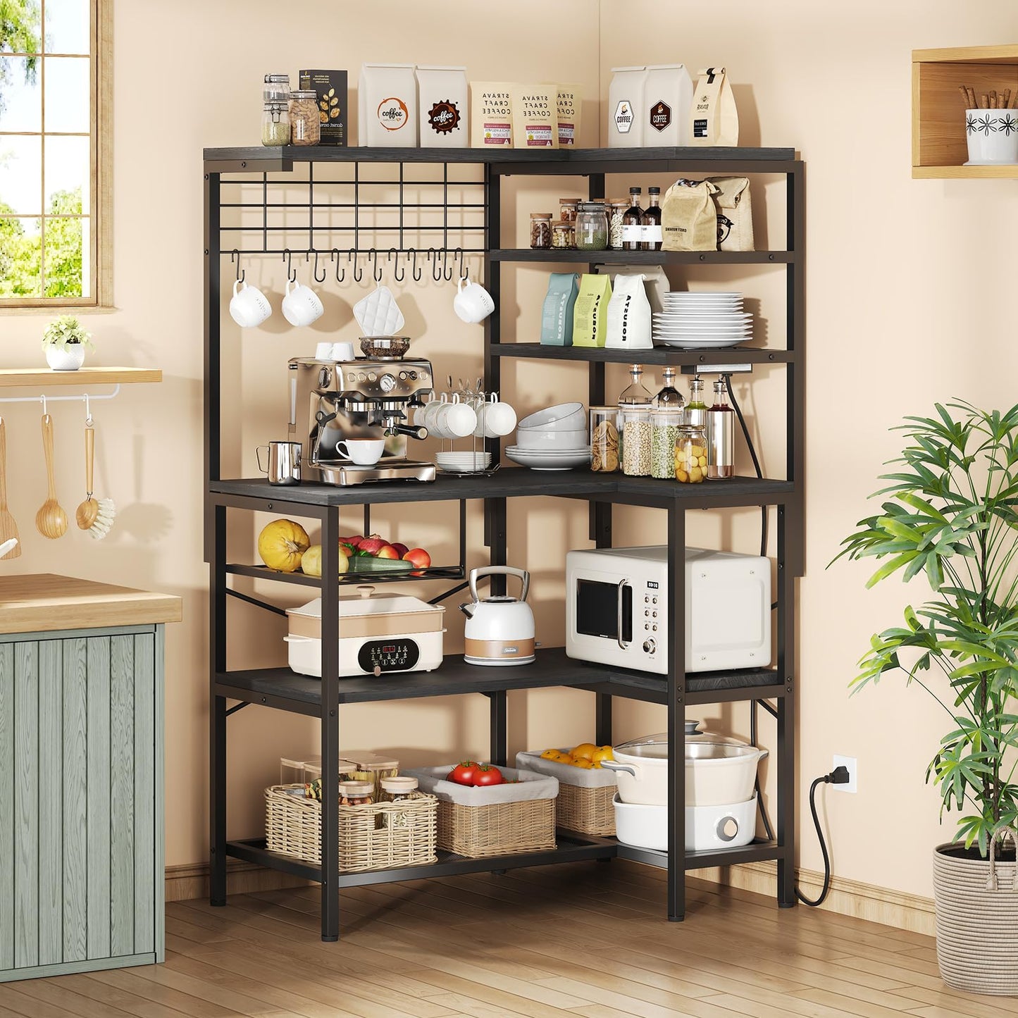 iabifo L-Shaped Bakers Rack with Power Outlet, 6-Tier Microwave Stand with Open Storage, Kitchen Shelf with Hooks,Coffee Bar for Living Room