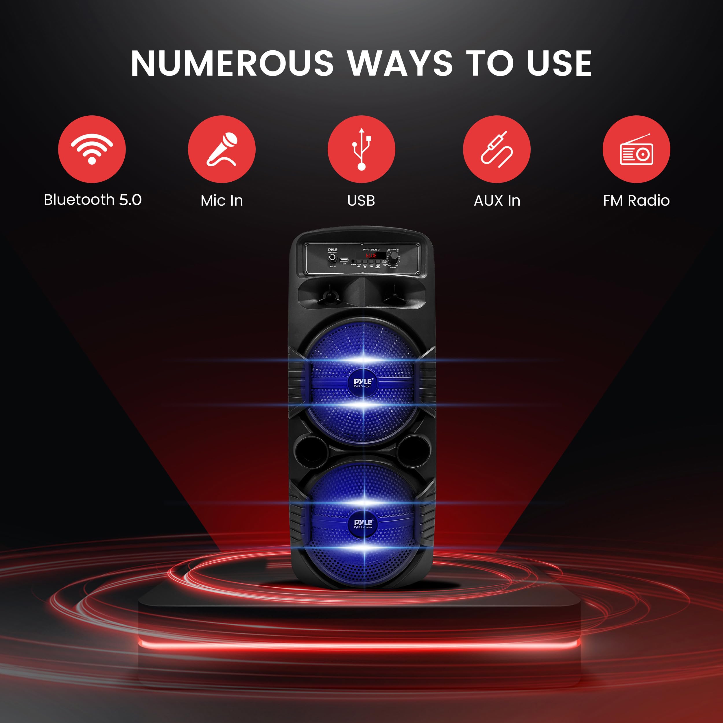 Pyle Portable Bluetooth PA Speaker System - 600W Rechargeable Outdoor Bluetooth Speaker Portable PA System w/Dual 8” Subwoofer 1” Tweeter, Microphone in, Party Lights, USB, Radio, Remote - PPHP2835B