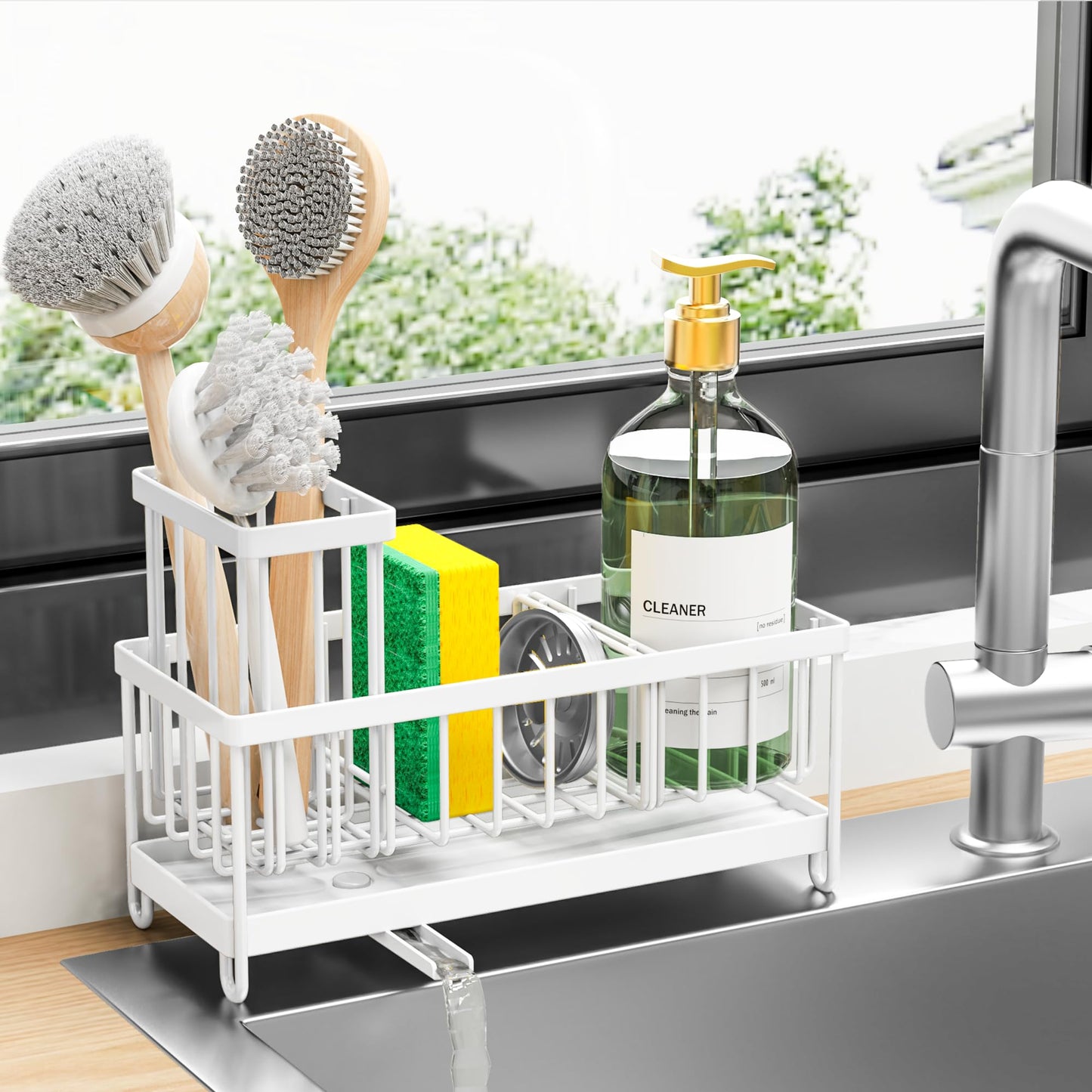 Cisily Sponge Holder for Kitchen Sink, Sink Caddy Organizer with High Brush Holder, Kitchen Countertop Organizers and Storage Essentials, Rustproof 304 Stainless Steel