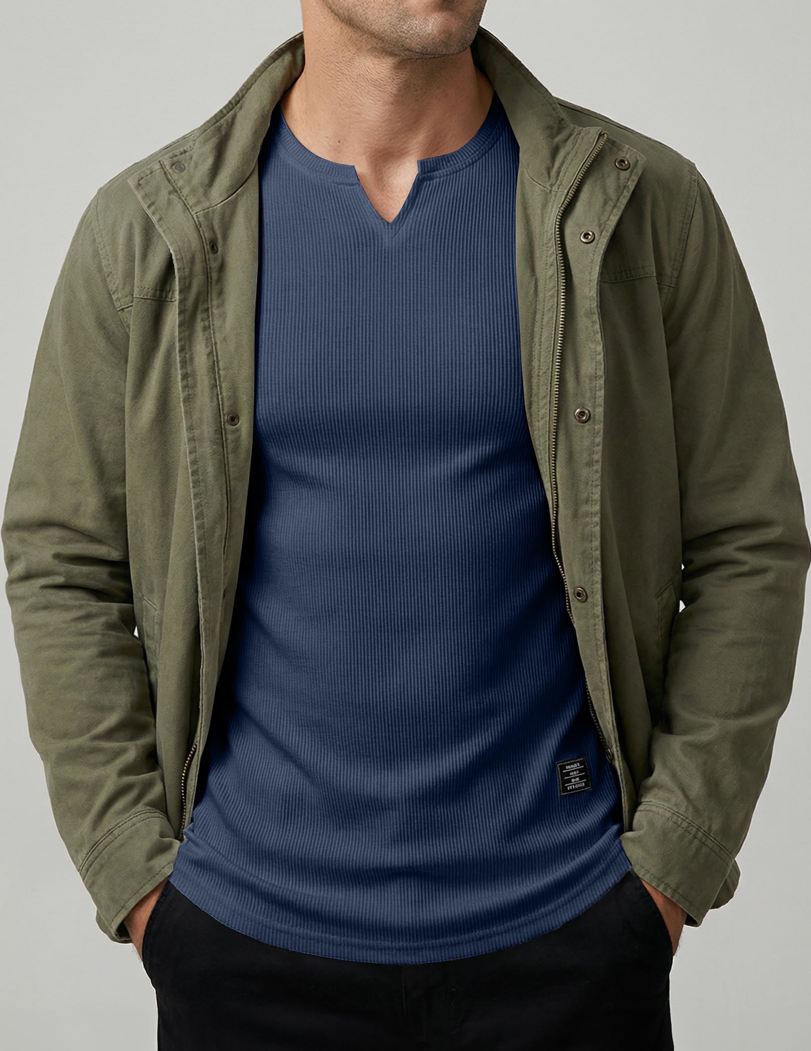 JMIERR Mens Muscle Slim T Shirts Texture V Neck Longline Henley Gym Workout Athletic Tee Shirt