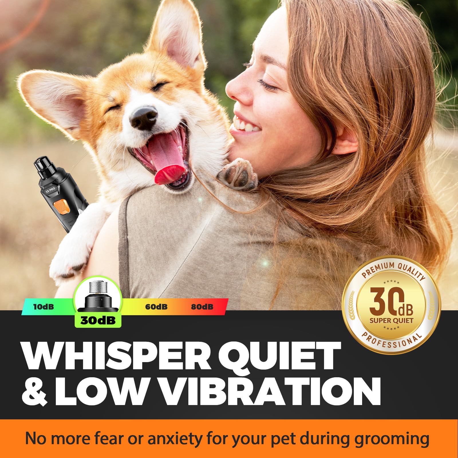LOPSIC Whisper Quiet Dog Nail Grinder with LED Light, Safe & Stress-Free for Sensitive Dogs of All Breeds & Sizes, 3 Grinding Bits, 3-Speed, Pet Nail Trimmers, Rechargeable Painless Grooming Kit