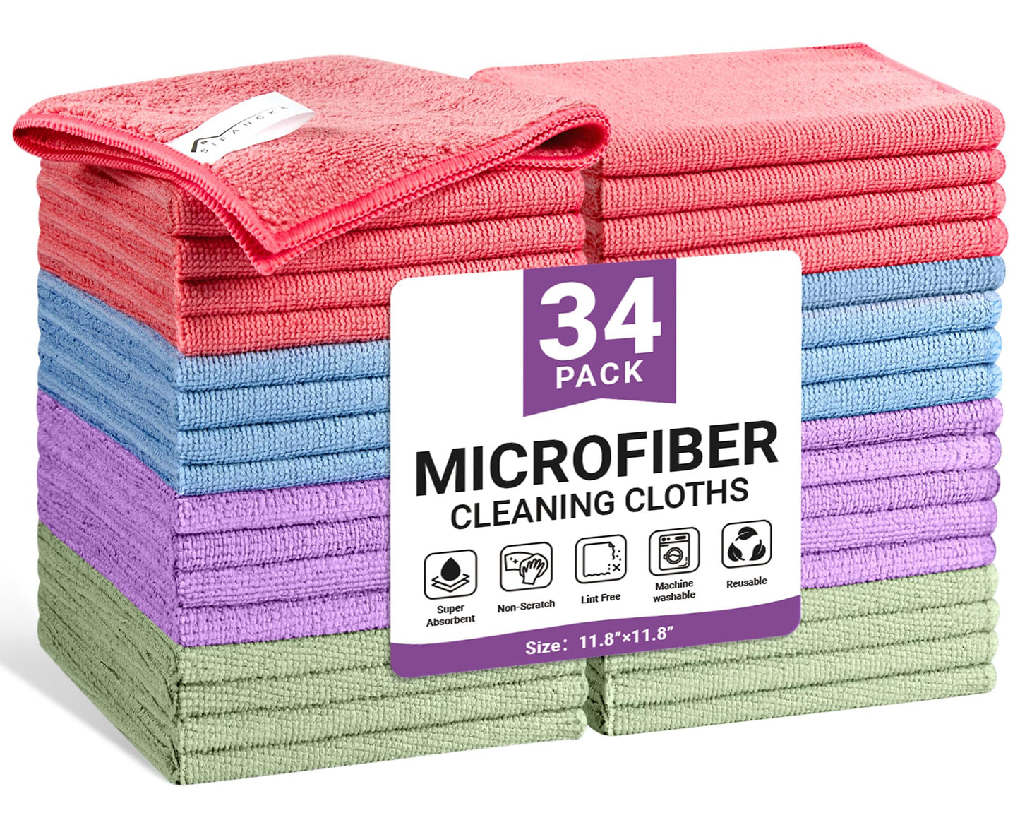 SIFANGKE Microfiber Cleaning Cloth, Lint-Free and Highly Absorbent Rags, Reusable Microfiber Towels for Car, Kitchen, Bathroom and Household Cleaning Supplies, 11.8"X11.8"