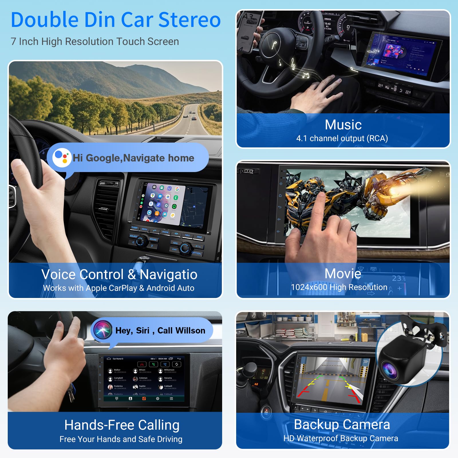 Haudio 7 Inch Double Din Car Stereo with Wireless Apple CarPlay & Android Auto