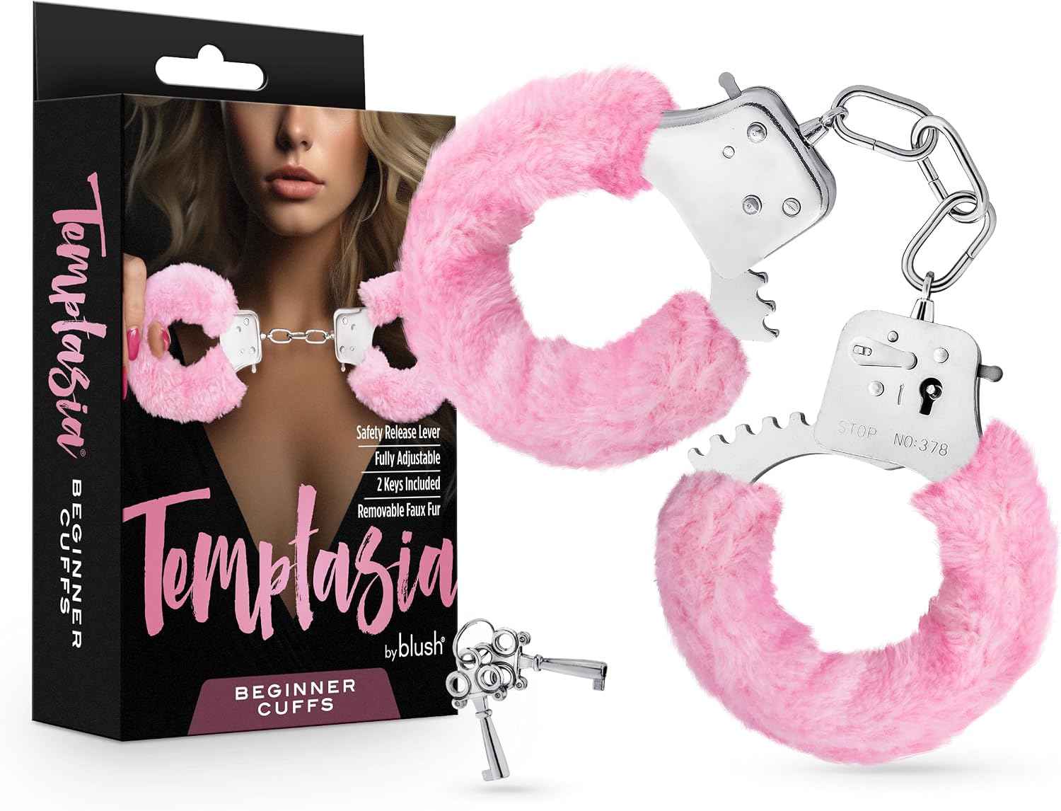 Blush Temptasia Beginner Cuffs 10.5" - Pink Faux Fur Lightweight Metal Handcuffs - Adjustable Bondage Cuffs w/Safety Release & 2 Keys - Women & Men BDSM, Role Play & Fetish Fantasy Restraint Sex Toy