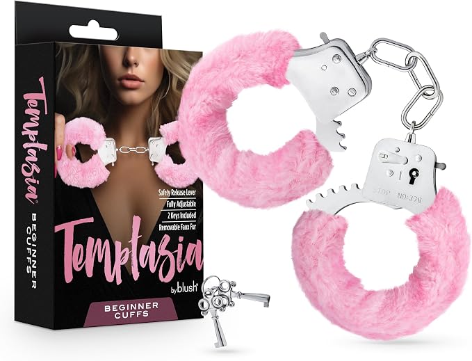 Blush Temptasia Beginner Cuffs 10.5" - Pink Faux Fur Lightweight Metal Handcuffs - Adjustable Bondage Cuffs w/Safety Release & 2 Keys - Women & Men BDSM, Role Play & Fetish Fantasy Restraint Sex Toy