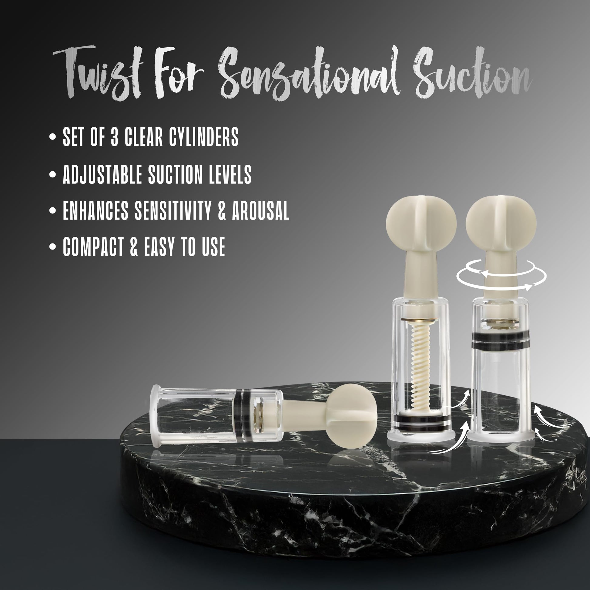 Blush Novelties Temptasia Clit & Nipple Twist Suckers, Set of 3 Adjustable Suckers, Twist to Increase Vacuum, Heighten Sensitivity & Arousal - 1.25" Width Durable Acrylic Cylinders - Sex Toy for Women