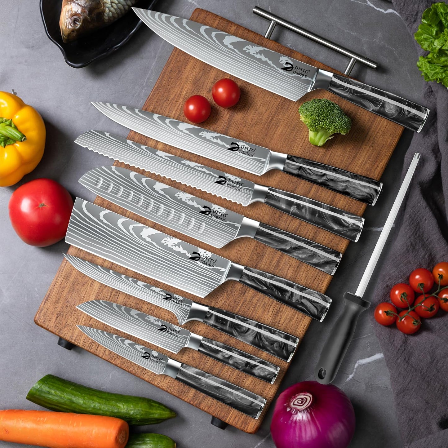 Dfito Chef Knife Sets with Roll Bag, 9 Pieces Professional Knife Set, High Carbon Stainless Steel Kitchen Chef Knife Set, Red Pakkawood Handle, Dishwasher Safe